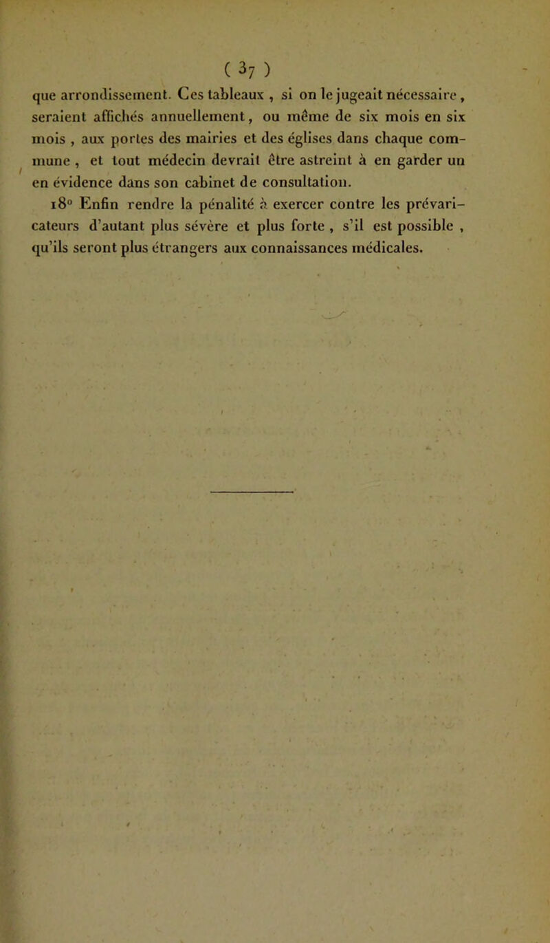 que arrondissement. Ces tableaux, si on le jugeait nécessaire, seraient affichés annuellement, ou même de six mois en six mois , aux portes des mairies et des églises dans chaque com- mune , et tout médecin devrait être astreint à en garder un en évidence dans son cabinet de consultation. i8° Enfin rendre la pénalité à exercer contre les prévari- cateurs d’autant plus sévère et plus forte , s’il est possible , qu’ils seront plus étrangers aux connaissances médicales.