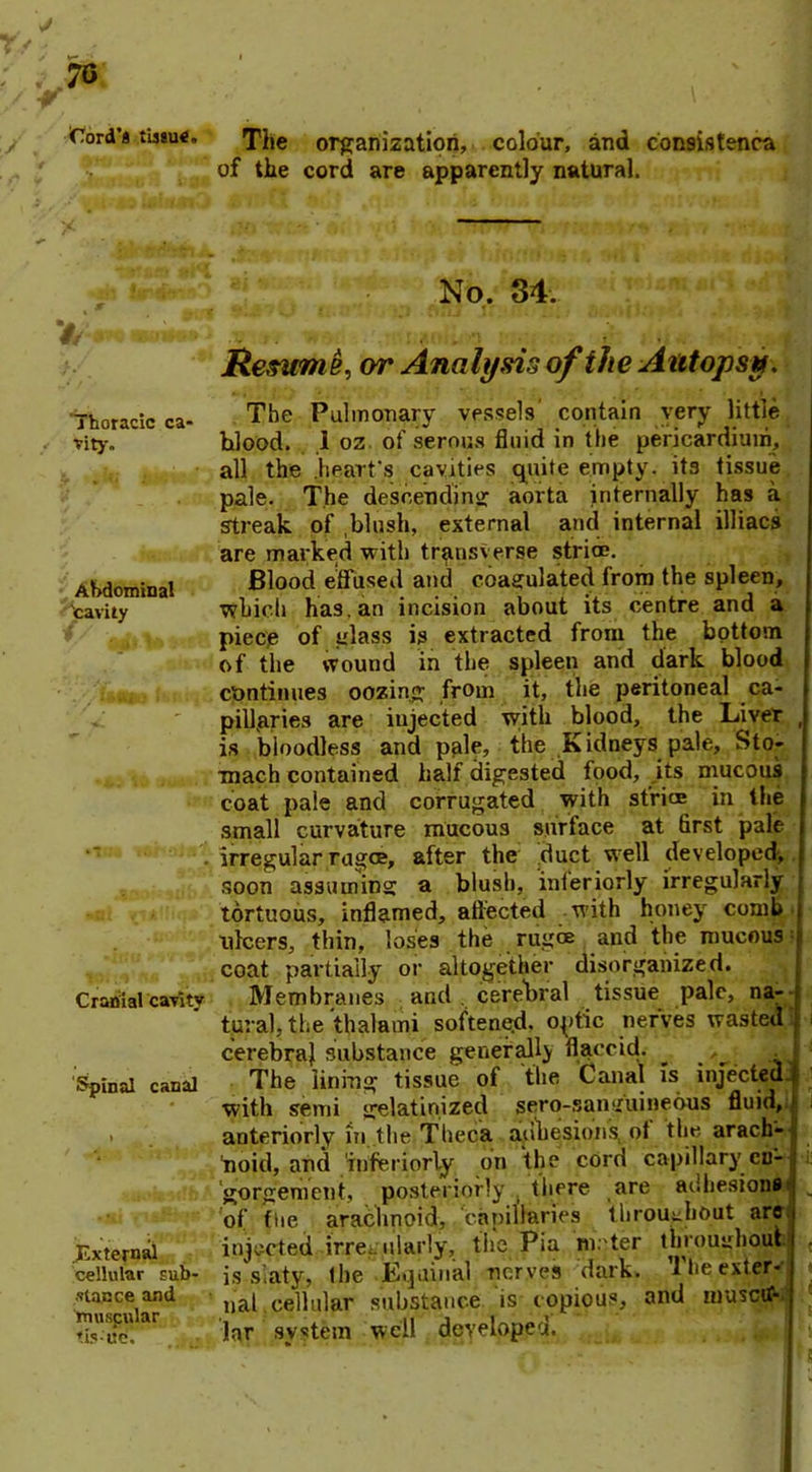 iTord's tissue. The organization, colour, and consistenca of the cord are apparently natural. ihoracic ca- vity™ Abdominal 'cavity Cranial cavity Spinal canal External cellular sub- stance and muscular tls-'ue. No. 34. Resume, or Analysis of the Autopsy. The Pulmonary vessels contain very little blood. .1 oz of serous fluid in the pericardium, all the heart's cavities quite empty, its tissue pale. The descending aorta internally has a streak of blush, external and internal illiacs are marked with transverse stria;. Blood effused and coagulated from the spleen, which has. an incision about its centre and a piece of glass is extracted from the bottom of the wound in the spleen and dark blood continues oozing from it, the peritoneal ca- pillaries are injected with blood, the Liver , is bloodless and pale, the Kidneys pale. Sto- mach contained half digested food, its mucous coat pale and corrugated with strict in the small curvature mucous surface at first pale irregular rugae, after the duct well developed, soon assuming a blush, interiorly irregularly tortuous, inflamed, affected with honey comb ulcers, thin, loses the rugae and the mucous: coat partially or altogether disorganized. Membranes and. cerebral tissue pale, na- tural, the thalami softened, optic nerves wasted cerebra} substance generally flaccid. _ ^ The lining tissue of the Canal is injected, with semi gelatinized sero-sanguinebus fluid, anteriorly in the Theca adhesions ot the arach- noid, and 'interiorly on the cord capillary en- gorgement, posteriorly there are adhesions’' of fiie arachnoid, capillaries throughout are injected irre. ularly, the Pia meter throughout is slaty, the Equinal nerves dark. The exter- nal cellular substance is copious, and inusctf- lar system well developed.
