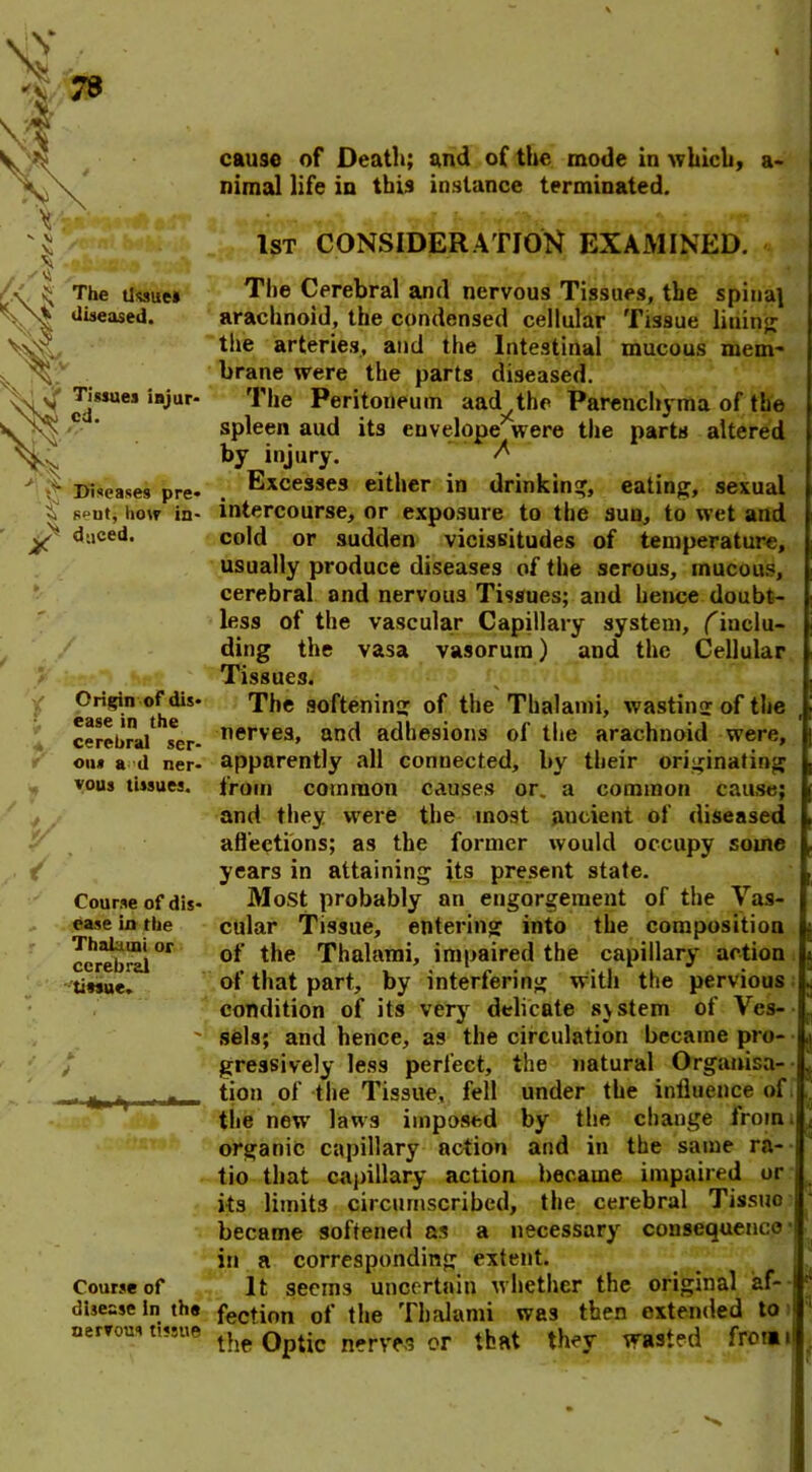 nimal life in this instance terminated. The tissue* diseased. Tissues injur- ed. J Diseases pre- vi seut, how in- duced. Origin of dis- ease in the cerebral ser- ous a d ner- vous tissues. Course of dis- ease in the Thalatnt or cerebral tissue. Course of disease in the nervous tissue 1st consideration examined. The Cerebral and nervous Tissues, the spinal arachnoid, the condensed cellular Tissue lining the arteries, and the Intestinal mucous mem' brane were the parts diseased. The Peritoneum aad the Parenchyma of the spleen aud its envelope were the parts altered by injury. ^ Excesses either in drinking, eating, sexual intercourse, or exposure to the sun, to wet and cold or sudden vicissitudes of temperature, usually produce diseases of the serous, mucous, cerebral and nervous Tissues; and hence doubt- less of the vascular Capillary system, (''inclu- ding the vasa vasorum) and the Cellular Tissues. The softening of the Thalanii, wasting of the nerves, and adhesions of the arachnoid were, apparently all conuected, by their originating from common causes or. a common cause; and they were the most ancient of diseased affections; as the former would occupy some years in attaining its present state. Most probably an engorgement of the Vas- cular Tissue, entering into the composition of the Thalaxni, impaired the capillary action of that part, by interfering with the pervious condition of its very delicate s\stem of Ves sels; and hence, as the circulation became pro gressively less perfect, the natural Organisa- tion of the Tissue, fell under the influence of the new' laws imposed by the change from organic capillary action and in the same ra- tio that capillary action became impaired or its limits circumscribed, the cerebral Tissue became softened as a necessary consequence in a corresponding extent. It seeins uncertain whether the original af- fection of the Thalami was then extended to the Optic nerves or that they wasted frotai
