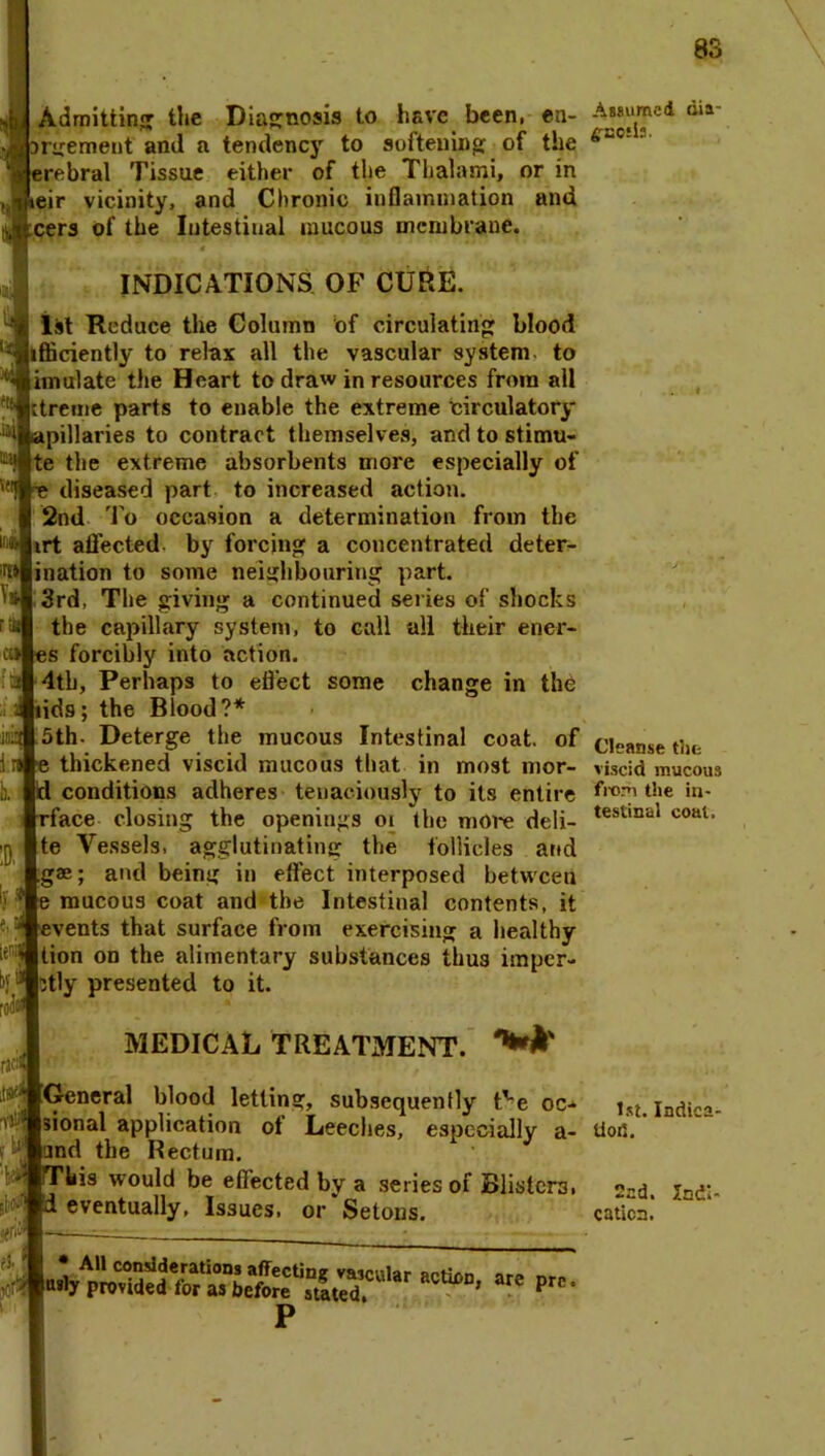 Admitting the Diagnosis to have been, en- rgemenf and a tendency to softening of the erebral Tissue either of the Thalami, or in eir vicinity, and Chronic inflammation and cers of the Intestinal mucous membrane. INDICATIONS OF CURE. 1st Reduce the Column of circulating blood ifficiently to relax all the vascular system- to imulate the Heart to draw in resources from all ttreme parts to enable the extreme circulatory pillaries to contract themselves, and to stimu- te the extreme absorbents more especially of diseased part to increased action. 2nd To occasion a determination from the irt affected by forcing a concentrated deter- ination to some neighbouring part. 3rd, The giving a continued series of shocks the capillary system, to call all their ener- s forcibly into action. 4tb, Perhaps to effect some change in the ids; the Blood ?* 5th. Deterge the mucous Intestinal coat, of thickened viscid mucous that in most mor- conditions adheres tenaciously to its entire ace closing the openings 01 the more deli- te Vessels, agglutinating the follicles and gae; and being in effect interposed between mucous coat and the Intestinal contents, it vents that surface from exercising a healthy lion on the alimentary substances thus imper- 5tly presented to it. MEDICAL TREATMENT. General blood letting, subsequently tve oc- sional application of Leeches, especially a- nd the Rectum. his would be effected by a series of Blisters, eventually, Issues, or Setons. All considerations affecting vascular action are n u»ly provided for as before silted. ’ P Assumed tiia- ffECJls. Cleanse tlie viscid mucous from the in- testinal coat. 1st. Indica- tion. 2nd. Indi-