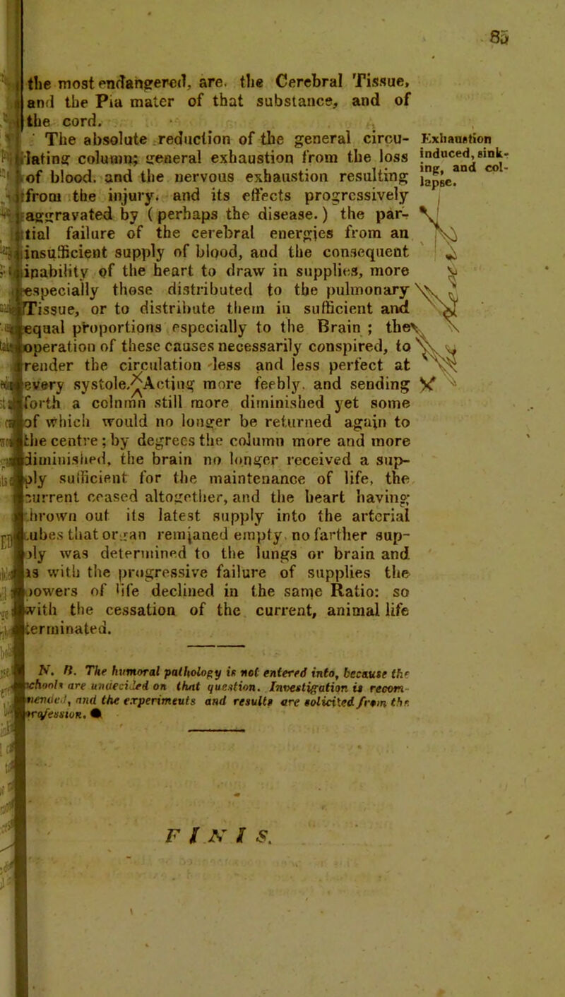 8i> the most endangered, are. the Cerebral Tissue, and the Pia mater of that substance, and of the cord. The absolute reduction of the general circu- Kxhau*tion lating column; ireneral exhaustion from the loss of blood, and the nervous exhaustion resulting c from the injury, and its effects progressively aggravated by ( perhaps the disease.) the par- tial failure of the cerebral energies from an insufficient supply of blood, and the consequent inability of the heart to draw in supplies, more specially those distributed to the pulmonary issue, or to distribute them ill sufficient and qual proportions especially to the Brain ; the peration of these causes necessarily conspired, to render the circulation dess and less perfect at every systole.^Acting more feebly, and sending V forth a colnmn still more diminished yet some f which would no longer be returned again to the centre ; by degrees the column more and more diminished, the brain no longer received a sup- ly sufficient for the maintenance of life, the current ceased altogether, and the heart having -.brown out its latest supply into the arterial ubes that or.ran remjaned empty no farther sup- )ly was determined to the lungs or brain and is with the progressive failure of supplies the mwers of life declined in the same Ratio: so ith the cessation of the current, animal life erminated. N. ft. The hvmoral pathology in not entered into, because the -oh are undecided on that question. Investigation is recon do.I, and the experiments and results are solicited frsin the rqfession. • F ! N i S.