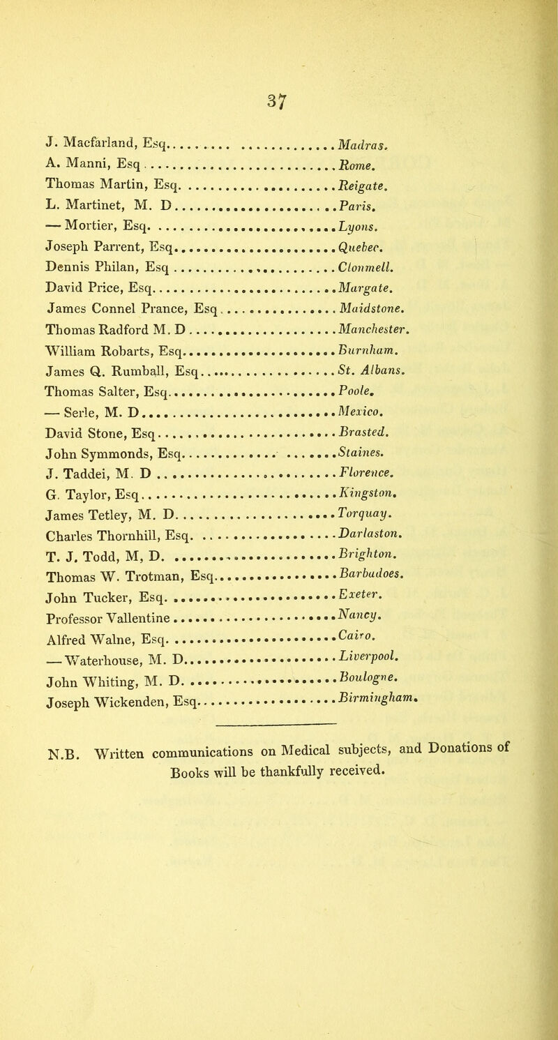 J. Macfaiiand, Esq Madras. A. Manni, Esq Rome. Thomas Martin, Esq Reigate. L. Martinet, M. D „ Paris. — Mortier, Esq ....... Lyons. Joseph Parrent, Esq Quebec. Dennis Philan, Esq , Ctomnell. David Price, Esq Margate. James Connel Prance, Esq Maidstone. Thomas Radford M. D Manchester. William Robarts, Esq Burnham. James Q. Rumball, Esq St. Albans. Thomas Salter, Esq. . Poole. ■— Serle, M. D * Mexico. David Stone, Esq Brasted. John Symmonds, Esq . .Staines. J. Taddei, M. D Florence. G. Taylor, Esq ..Kingston. James Tetley, M. D Torquay. Charles Thornhill, Esq Darlaston. T. J. Todd, M, D .. Brighton. Thomas W. Trotman, Esq. Barbudoes. John Tucker, Esq. Exeter. Professor Vallentine Nancy. Alfred Walne, Esq Cairo. -—Waterhouse, M. D Liverpool. John Whiting, M. D Boulogne. Joseph Wickenden, Esq Birmingham. N.B. Written communications on Medical subjects, and Donations of Books will be thankfully received.