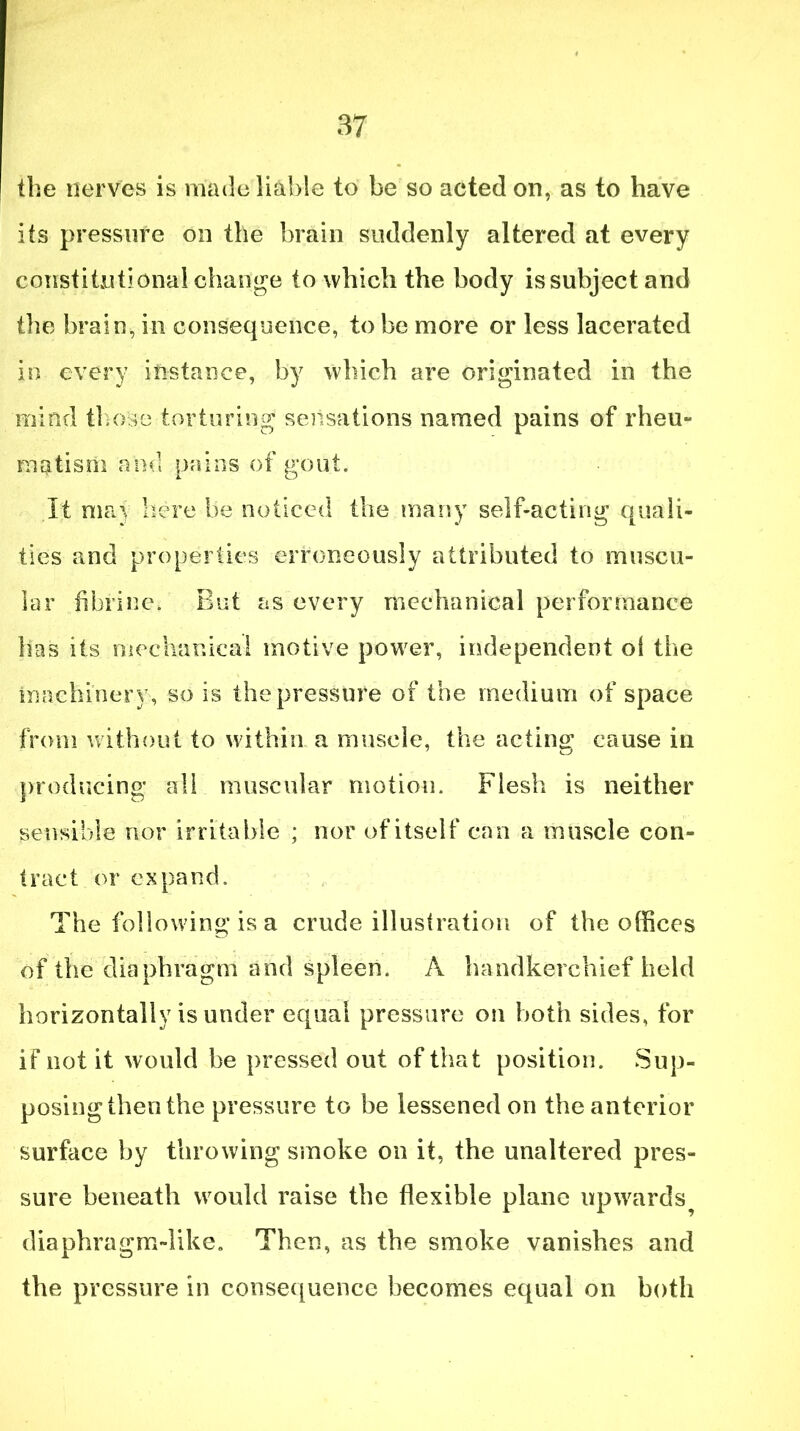 the nerves is made liable to be so acted on, as to have its pressure on the brain suddenly altered at every constitutional change to which the body is subject and the brain, in consequence, to be more or less lacerated in every instance, by which are originated in the mind those torturing sensations named pains of rheu- matism and pains of gout. It may here be noticed the many self-acting quali- ties and properties erroneously attributed to muscu- lar fihrine. But as every mechanical performance has its mechanical motive power, independent oi the machinery, so is the pressure of the medium of space from without to within a muscle, the acting* cause in producing all muscular motion. Flesh is neither sensible nor irritable ; nor of itself can a muscle con- tract or expand. The following is a crude illustration of the offices of the diaphragm and spleen. A handkerchief held horizontally is under equal pressure on both sides, for if not it would he pressed out of that position. Sup- posing then the pressure to be lessened on the anterior surface by throwing smoke on it, the unaltered pres- sure beneath would raise the flexible plane upwards diaphragm-like. Then, as the smoke vanishes and the pressure in consequence becomes equal on both