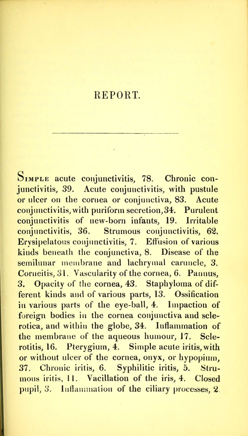 REPORT. Simple acute conjunctivitis, 78. Chronic con- junctivitis, 39. iVcute conjunctivitis, with pustule or ulcer on the cornea or conjunctiva, 83. Acute conjunctivitis, with purifonn secretion,34. Purulent conjunctivitis of new-born infants, 19. Irritable conjunctivitis, 36. Strumous conjunctivitis, 62, Erysipelatous conjunctivitis, 7. Effusion of various kinds beneath the conjunctiva, 8. Disease of the semilunar membrane and lachrymal caruncle, 3. Corneitis, 31. Vascularity of the cornea, 6. Pannus, 3. Opacity of the cornea, 43. Staphyloma of dif- ferent kinds and of various parts, 13. Ossification in various parts of the eye-ball, 4. Impaction of foreign bodies in the cornea conjunctiva and scle- rotica, and within the globe, 34. Inflammation of the membrane of the aqueous humour, 17. Scle- rotitis, 16. Pterygium, 4. Simple acute iritis, with or without ulcer of the cornea, onyx, or hypopium, 37. Chronic iritis, 6. Syphilitic iritis, 5. Stru- mous iritis, II. Vacillation of the iris, 4. Closed