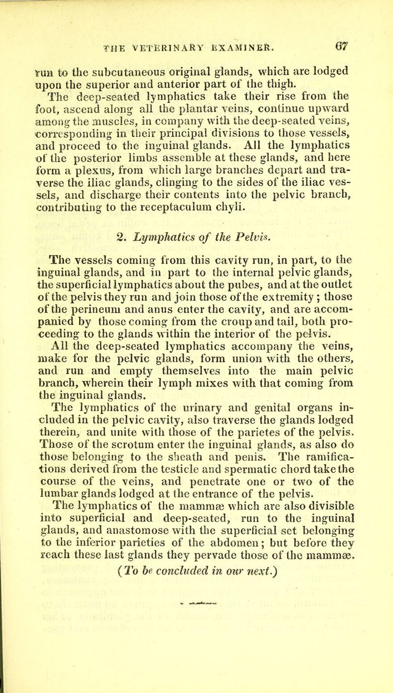 ^uii to the subcutaneous original glands, which are lodged upon the superior and anterior part of the thigh. The deep-seated lymphatics take their rise from the foot, ascend along all the plantar veins, continue upward among the muscles, in company with the deep-seated veins, corresponding in their principal divisions to those vessels, and proceed to the inguinal glands. All the lymphatics of the posterior limbs assemble at these glands, and here form a plexus, from which large branches depart and tra- verse the iliac glands, clinging to the sides of the iliac ves- sels, and discharge their contents into the pelvic branch, contributing to the receptacuium chyli. 2. Lymphatics of the Pelvis. The vessels coming from this cavity run, in part, to the inguinal glands, and in part to the internal pelvic glands, the superficial lymphatics about the pubes, and at the outlet of the pelvis they run and join those of the extremity ; those of the perineum and anus enter the cavity, and are accom- panied by those coming from the croup and tail, both pro- ceeding to the glands within the interior of the pelvis. All the deep-seated lymphatics accompany the veins, make for the pelvic glands, form union with the others, and run and empty themselves into the main pelvic branch, wherein their lymph mixes with that coming from the inguinal glands. The lymphatics of the urinary and genital organs in- cluded in the pelvic cavity, also traverse the glands lodged therein, and unite with those of the parietes of the pelvis. Those of the scrotum enter the inguinal glands, as also do those belonging to the sheath and penis. The ramifica- tions derived from the testicle and spermatic chord take the course of the veins, and penetrate one or two of the lumbar glands lodged at the entrance of the pelvis. The lymphatics of the mamma) which are also divisible into superficial and deep-seated, run to the inguinal glands, and anastomose with the superficial set belonging to the inferior parieties of the abdomen; but before they reach these last glands they pervade those of the mammae. ( To be concluded in our next.)