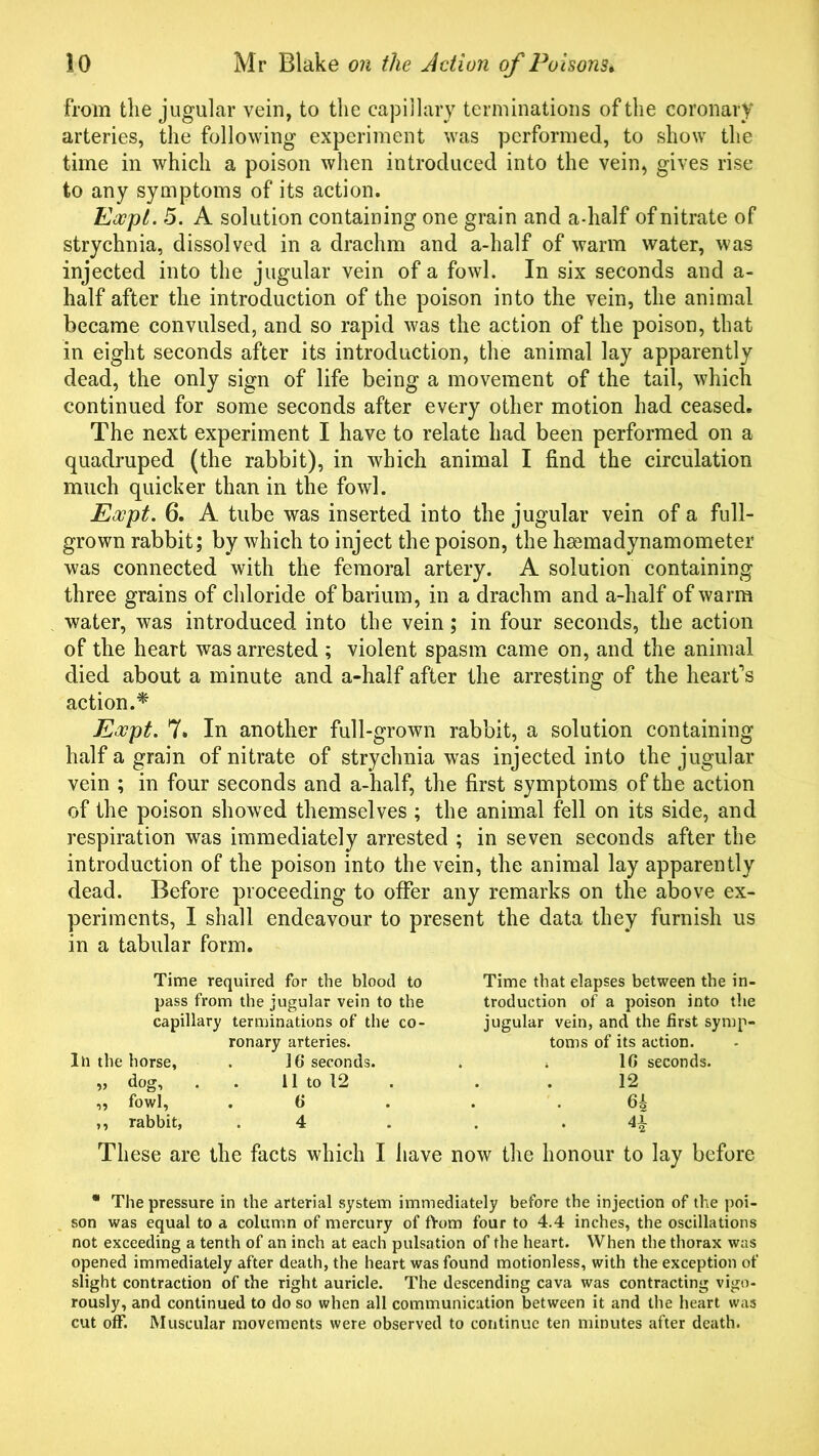 from the jugular vein, to the capillary terminations of the coronary arteries, the following experiment was performed, to show the time in which a poison when introduced into the vein, gives rise to any symptoms of its action. Eoopt. 5. A solution containing one grain and a-half of nitrate of strychnia, dissolved in a drachm and a-half of warm water, was injected into the jugular vein of a fowl. In six seconds and a- half after the introduction of the poison into the vein, the animal became convulsed, and so rapid was the action of the poison, that in eight seconds after its introduction, the animal lay apparently dead, the only sign of life being a movement of the tail, which continued for some seconds after every other motion had ceased. The next experiment I have to relate had been performed on a quadruped (the rabbit), in which animal I find the circulation much quicker than in the fowl. Eoopt. 6. A tube was inserted into the jugular vein of a full- grown rabbit; by which to inject the poison, the hsemadynamometer was connected with the femoral artery. A solution containing three grains of chloride of barium, in a drachm and a-half of warm water, was introduced into the vein; in four seconds, the action of the heart was arrested ; violent spasm came on, and the animal died about a minute and a-half after the arresting of the heart’s action.* Eoopt. 7. In another full-grown rabbit, a solution containing half a grain of nitrate of strychnia was injected into the jugular vein ; in four seconds and a-half, the first symptoms of the action of the poison showed themselves ; the animal fell on its side, and respiration was immediately arrested ; in seven seconds after the introduction of the poison into the vein, the animal lay apparently dead. Before proceeding to offer any remarks on the above ex- periments, I shall endeavour to present the data they furnish us in a tabular form. Time required for the blood to Time that elapses between the in- pass from the jugular vein to the troduction of a poison into the capillary terminations of the co- jugular vein, and the first symp- ronary arteries. toms of its action. In the horse, . 16 seconds. 10 seconds. „ dog. 11 to 12 12 „ fowl, o 64 ,, rabbit, 4 Tliese are the facts which I have now the honour to lay before * The pressure in the arterial system immediately before the injection of the poi- son was equal to a column of mercury of from four to 4.4 inches, the oscillations not exceeding a tenth of an inch at each pulsation of the heart. When the thorax was opened immediately after death, the heart was found motionless, with the exception of slight contraction of the right auricle. The descending cava was contracting vigo- rously, and continued to do so when all communication between it and the heart was cut off. Muscular movements were observed to continue ten minutes after death.