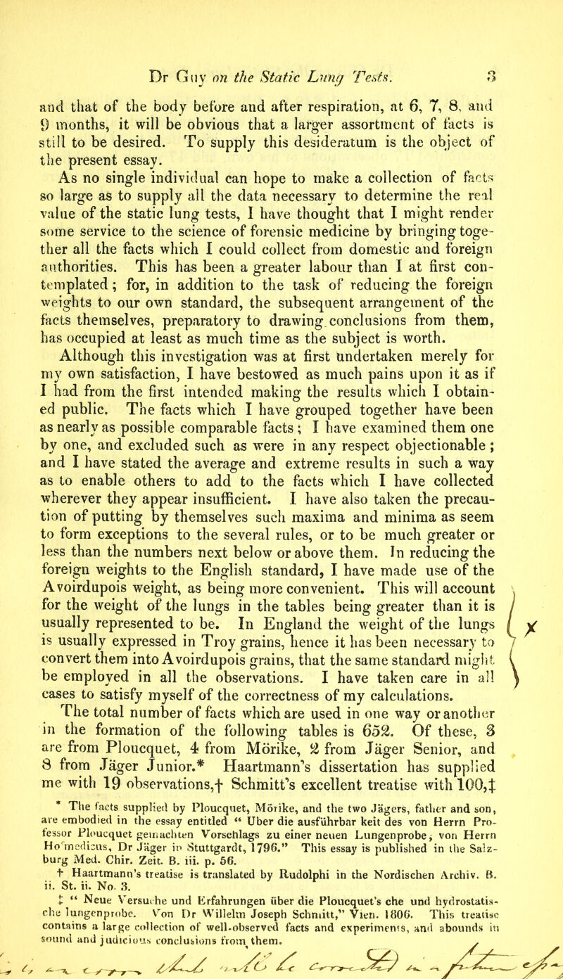 and that of the body before and after respiration, at 6, 7, 8, and 9 months, it will be obvious that a larger assortment of facts is still to be desired. To supply this desideratum is the object of the present essay. As no single individual can hope to make a collection of facts so large as to supply all the data necessary to determine the real value of the static lung tests, I have thought that I might render some service to the science of forensic medicine by bringing toge- ther all the facts which I could collect from domestic and foreign authorities. This has been a greater labour than I at first con- templated ; for, in addition to the task of reducing the foreign weights to our own standard, the subsequent arrangement of the facts themselves, preparatory to drawing.conclusions from them, has occupied at least as much time as the subject is worth. Although this investigation was at first undertaken merely for my own satisfaction, I have bestowed as much pains upon it as if I had from the first intended making the results which I obtain- ed public. The facts which I have grouped together have been as nearly as possible comparable facts ; I have examined them one by one, and excluded such as were in any respect objectionable ; and I have stated the average and extreme results in such a way as to enable others to add to the facts which I have collected wherever they appear insufficient. I have also taken the precau- tion of putting by themselves such maxima and minima as seem to form exceptions to the several rules, or to be much greater or less than the numbers next below or above them. In reducing the foreign weights to the English standard, I have made use of the Avoirdupois weight, as being more convenient. This will account for the weight of the lungs in the tables being greater than it is usually represented to be. In England the weight of the lungs is usually expressed in Troy grains, hence it has been necessary to convert them into Avoirdupois grains, that the same standard might be employed in all the observations. I have taken care in all cases to satisfy myself of the correctness of my calculations. The total number of facts which are used in one way or another in the formation of the following tables is 652. Of these, 3 are from Ploucquet, 4 from Morike, 2 from Jager Senior, and 8 from Jager Junior.* Haartmarm’s dissertation has supplied me with 19 observations,*}* Schmitt’s excellent treatise with 1004 * The facts supplied by Ploucquet, Morike, and the two Jagers, father and son, are embodied in the essay entitled “ Uber die ausfuhrbar keit des von Herrn Pro- fessor Ploucquet getnachten Vorschlags zu einer neuen Lungenprobe* von Herrn Ho'medicus, Dr Jager in Stuttgardt, 1790.” This essay is published in the Salz- burg Med. Chir. Zeit. B. iii. p. 56. t Haartmann’s treatise is translated by Rudolphi in the Nordischen Archiv. B. ii. St. ii. No. 3. t “ Neue Versuche und Erfahrungen iiber die Ploucquet’s che und hydrostatis- che lungenprobe. Vron Dr Willelui Joseph Schmitt,” Vien. 1806. This treatise contains a large collection of well.observed facts and experiments, and abounds iti sound and judicious conclusions from them. 4/ 36)