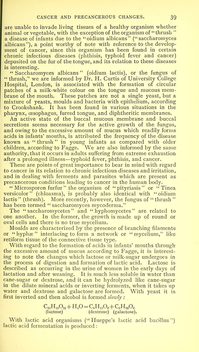 are unable to invade living tissues of a healthy organism whether animal or vegetable, with the exception of the organism of “ thrush ” a disease of infants due to the “oidium albicans” (“ saccharomyces albicans”), a point worthy of note with reference to the develop- ment of cancer, since this organism has been found in certain chronic infectious diseases (phthisis, typhoid fever and cancer) deposited on the fur of the tongue, and its relation to these diseases is interesting. “ Saccharomyces albicans ” (oidium lactis), or the fungus of “ thrush,” we are informed by Dr. H. Curtis of University College Hospital, London, is associated with the formation of circular patches of a milk-white colour on the tongue and mucous mem- brane of the mouth. These patches are not a single yeast, but a mixture of yeasts, moulds and bacteria with epithelium, according to Crookshank. It has been found in various situations in the pharynx, oesophagus, furred tongue, and diphtheritic membranes. An active state of the buccal mucous membrane and buccal secretions seems necessary for the active growth of the fungus, and owing to the excessive amount of mucus which readily forms acids in infants’ mouths, is attributed the frequency of the disease known as “ thrush ” in young infants as compared with older children, according to Fagge. We are also informed by the same authority, that it occurs in adults suffering from extreme exhaustion after a prolonged illness—typhoid fever, phthisis, and cancer. These are points of great importance to bear in mind with regard to cancer in its relation to chronic infectious diseases and irritation, and in dealing with ferments and parasites which are present as precancerous conditions leading to cancer in the human body. “ Microsporon furfur” the organism of “pityriasis” or “Tinea versicolor” (chloasma), is probably also identical with “oidium lactis ” (thrush). More recently, however, the fungus of “ thrush ” has been termed “saccharomyces mycoderma.” The “ saccharomycetes ” and “ hyphomycetes ” are related to one another. In the former, the growth is made up of round or oval cells and there is no true mycelium. Moulds are characterized by the presence of branching filaments or “ hyphse ” interlacing to form a network or “ mycelium,” like retiform tissue of the connective tissue type. With regard to the formation of acids in infants’ mouths through the excessive amount of mucus according to Fagge, it is interest- ing to note the changes which lactose or milk-sugar undergoes in the process of digestion and formation of lactic acid. Lactose is- described as occurring in the urine of women in the early days of lactation and after weaning. It is much less soluble in water than cane-sugar or dextrose, and it can be hydrolyzed like cane-sugar in the dilute mineral acids or inverting ferments, when it takes up water and dextrose and galactose are formed. With yeast it is- first inverted and then alcohol is formed slowly : c12h22ou+h2o—c6h12o6+c6h12o6 (lactose) (dextrose) (galactose). With lactic acid organisms (“ Hueppe’s lactic acid bacillus ”) lactic acid fermentation is produced :