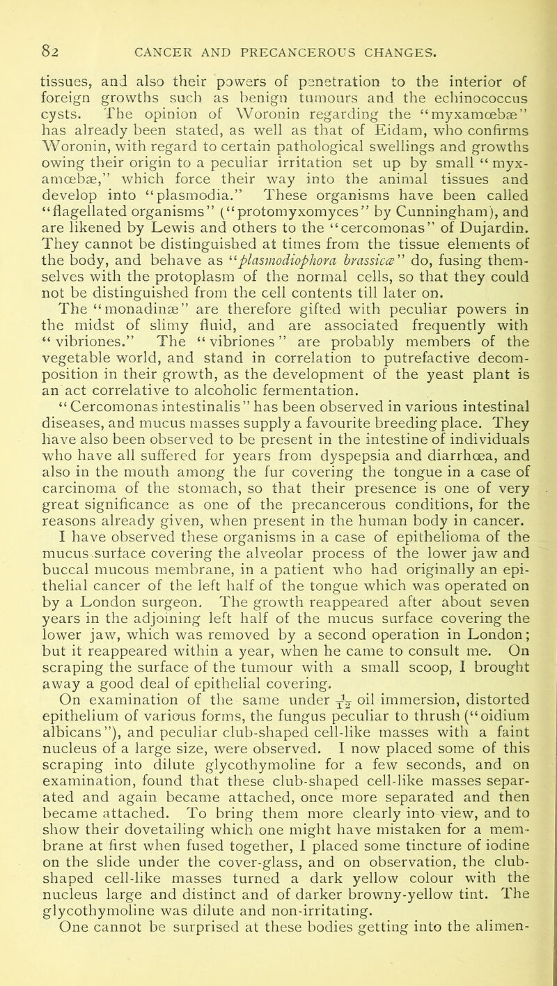tissues, and also their powers of penetration to the interior of foreign growths such as benign tumours and the echinococcus cysts. The opinion of Woronin regarding the “myxamoebae” has already been stated, as well as that of Eidam, who confirms Woronin, with regard to certain pathological swellings and growths owing their origin to a peculiar irritation set up by small “ myx- amcebae,” which force their way into the animal tissues and develop into “plasmodia.” These organisms have been called “flagellated organisms” (“protomyxomyces” by Cunningham), and are likened by Lewis and others to the “cercomonas” of Dujardin. They cannot be distinguished at times from the tissue elements of the body, and behave as “plasmodiophom bvassicce” do, fusing them- selves with the protoplasm of the normal cells, so that they could not be distinguished from the cell contents till later on. The “monadinae” are therefore gifted with peculiar powers in the midst of slimy fluid, and are associated frequently with “ vibriones.” The “ vibriones ” are probably members of the vegetable world, and stand in correlation to putrefactive decom- position in their growth, as the development of the yeast plant is an act correlative to alcoholic fermentation. “ Cercomonas intestinalis ” has been observed in various intestinal diseases, and mucus masses supply a favourite breeding place. They have also been observed to be present in the intestine of individuals who have all suffered for years from dyspepsia and diarrhoea, and also in the mouth among the fur covering the tongue in a case of carcinoma of the stomach, so that their presence is one of very great significance as one of the precancerous conditions, for the reasons already given, when present in the human body in cancer. I have observed these organisms in a case of epithelioma of the mucus-surface covering the alveolar process of the lower jaw and buccal mucous membrane, in a patient who had originally an epi- thelial cancer of the left half of the tongue which was operated on by a London surgeon. The growth reappeared after about seven years in the adjoining left half of the mucus surface covering the lower jaw, which was removed by a second operation in London; but it reappeared within a year, when he came to consult me. On scraping the surface of the tumour with a small scoop, I brought away a good deal of epithelial covering. On examination of the same under ^ oil immersion, distorted epithelium of various forms, the fungus peculiar to thrush (“oidium albicans ”), and peculiar club-shaped cell-like masses with a faint nucleus of a large size, were observed. I now placed some of this scraping into dilute glycothymoline for a few seconds, and on examination, found that these club-shaped cell-like masses separ- ated and again became attached, once more separated and then became attached. To bring them more clearly into view, and to show their dovetailing which one might have mistaken for a mem- brane at first when fused together, I placed some tincture of iodine on the slide under the cover-glass, and on observation, the club- shaped cell-like masses turned a dark yellow colour with the nucleus large and distinct and of darker browny-yellow tint. The glycothymoline was dilute and non-irritating. One cannot be surprised at these bodies getting into the alimen-