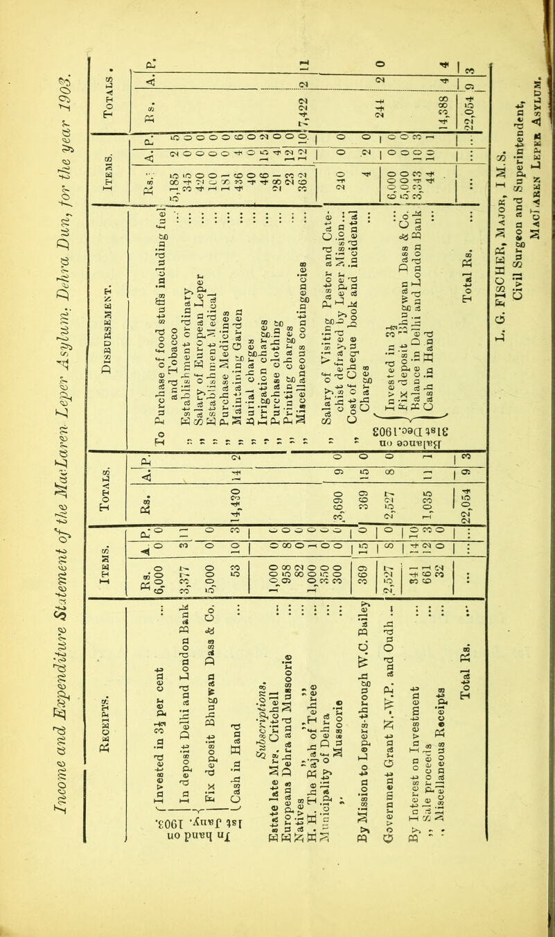 Income and Expenditure Statement of the MacLaren Leper Asylum. Dehra Dun, for the year 1903. L. G. FISCHER, Major, I M.S. Civil Surgeon and Superintendent, MacIiArkn Leper Asylum,