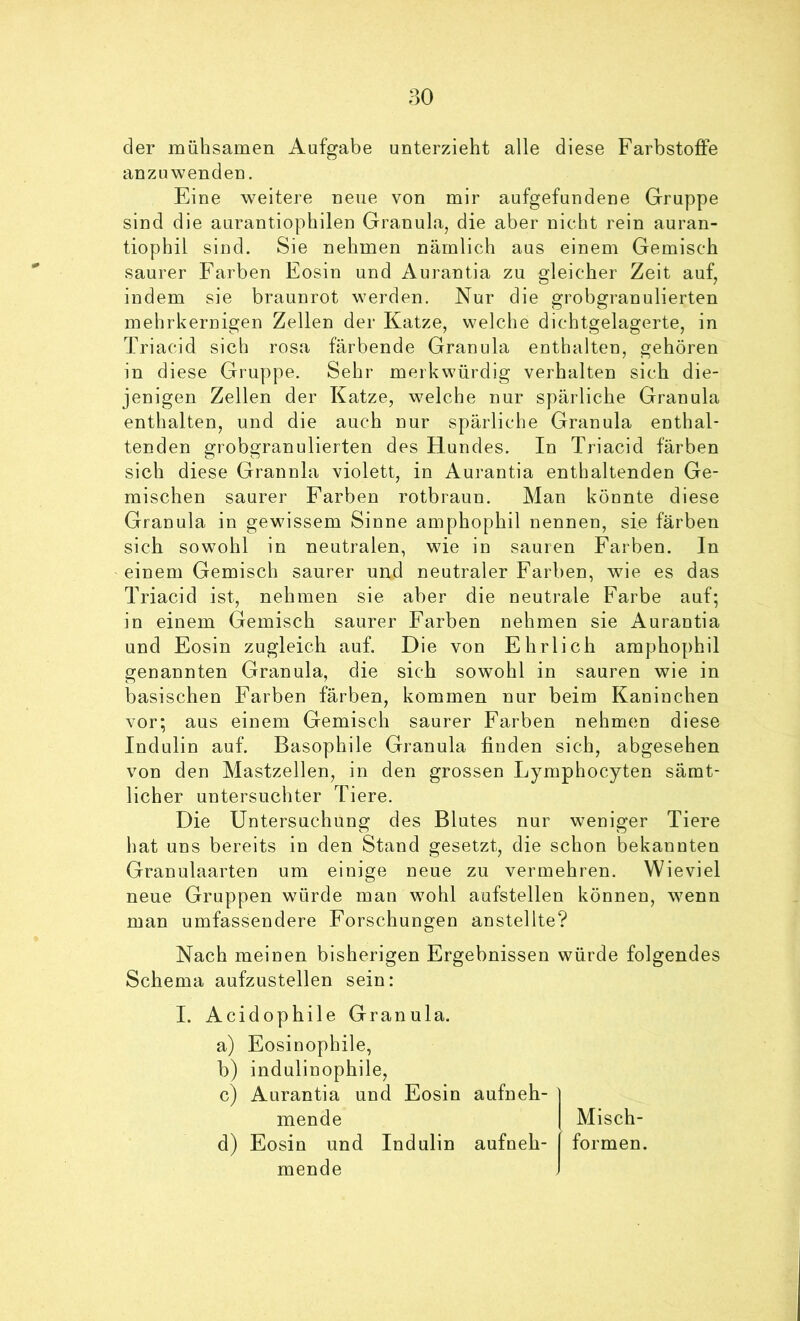 der mühsamen Aufgabe unterzieht alle diese Farbstoffe anzHwenden. Eine weitere neue von mir aufgefundene Gruppe sind die aurantiophilen Granula, die aber nicht rein auran- tiophil sind. Sie nehmen nämlich aus einem Gemisch saurer Farben Eosin und Aurantia zu gleicher Zeit auf, indem sie braunrot werden. Nur die grobgranulierten mehrkernigen Zellen der Katze, welche dichtgelagerte, in Triacid sich rosa färbende Granula enthalten, gehören in diese Gruppe. Sehr merkwürdig verhalten sich die- jenigen Zellen der Katze, welche nur spärliche Granula enthalten, und die auch nur spärliche Granula enthal- tenden grobgranulierten des Hundes. In Triacid färben sich diese Grannla violett, in Aurantia enthaltenden Ge- mischen saurer Farben rotbraun. Man könnte diese Granula in gewissem Sinne amphophil nennen, sie färben sich sowohl in neutralen, wie in sauren Farben. In einem Gemisch saurer und neutraler Farben, wie es das Triacid ist, nehmen sie aber die neutrale Farbe auf; in einem Gemisch saurer Farben nehmen sie Aurantia und Eosin zugleich auf. Die von Ehrlich amphophil genannten Granula, die sich sowohl in sauren wie in basischen Earben färben, kommen nur beim Kaninchen vor; aus einem Gemisch saurer Farben nehmen diese Indulin auf. Basophile Granula finden sich, abgesehen von den Mastzellen, in den grossen Lymphocyten sämt- licher untersuchter Tiere. Die Untersuchung des Blutes nur weniger Tiere hat uns bereits in den Stand gesetzt, die schon bekannten Granulaarten um einige neue zu vermehren. Wieviel neue Gruppen würde man wohl aufstellen können, wenn man umfassendere Forschungen anstellte? Nach meinen bisherigen Ergebnissen würde folgendes Schema aufzustellen sein: I. Acidophile Granula. a) Eosinophile, b) indulinophile, c) Aurantia und Eosin aufneh- mende Misch- d) Eosin und Indulin aufneh- formen. mende