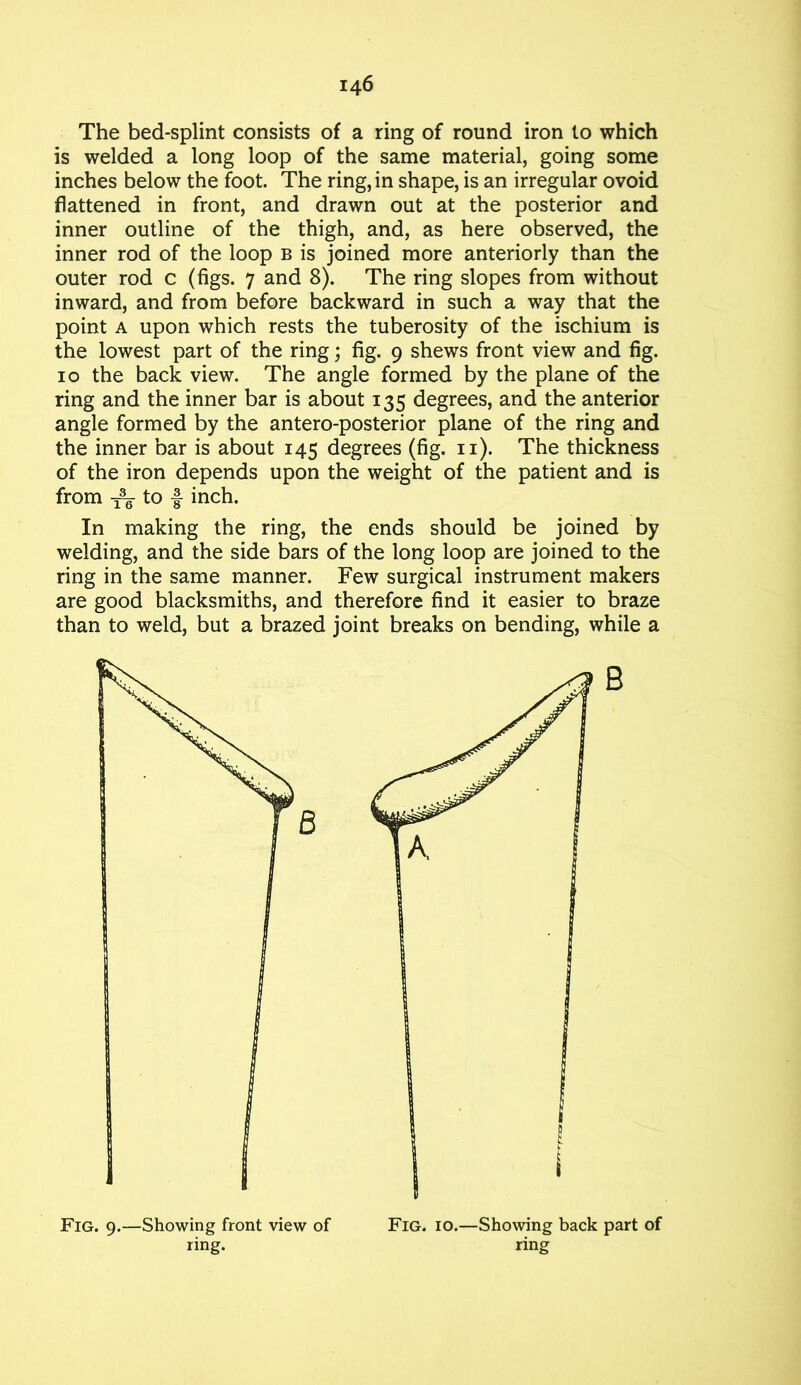 The bed-splint consists of a ring of round iron to which is welded a long loop of the same material, going some inches below the foot. The ring, in shape, is an irregular ovoid flattened in front, and drawn out at the posterior and inner outline of the thigh, and, as here observed, the inner rod of the loop b is joined more anteriorly than the outer rod c (figs. 7 and 8). The ring slopes from without inward, and from before backward in such a way that the point a upon which rests the tuberosity of the ischium is the lowest part of the ring; fig. 9 shews front view and fig. 10 the back view. The angle formed by the plane of the ring and the inner bar is about 135 degrees, and the anterior angle formed by the antero-posterior plane of the ring and the inner bar is about 145 degrees (fig. n). The thickness of the iron depends upon the weight of the patient and is from -re to f inch. In making the ring, the ends should be joined by welding, and the side bars of the long loop are joined to the ring in the same manner. Few surgical instrument makers are good blacksmiths, and therefore find it easier to braze than to weld, but a brazed joint breaks on bending, while a ring. ring