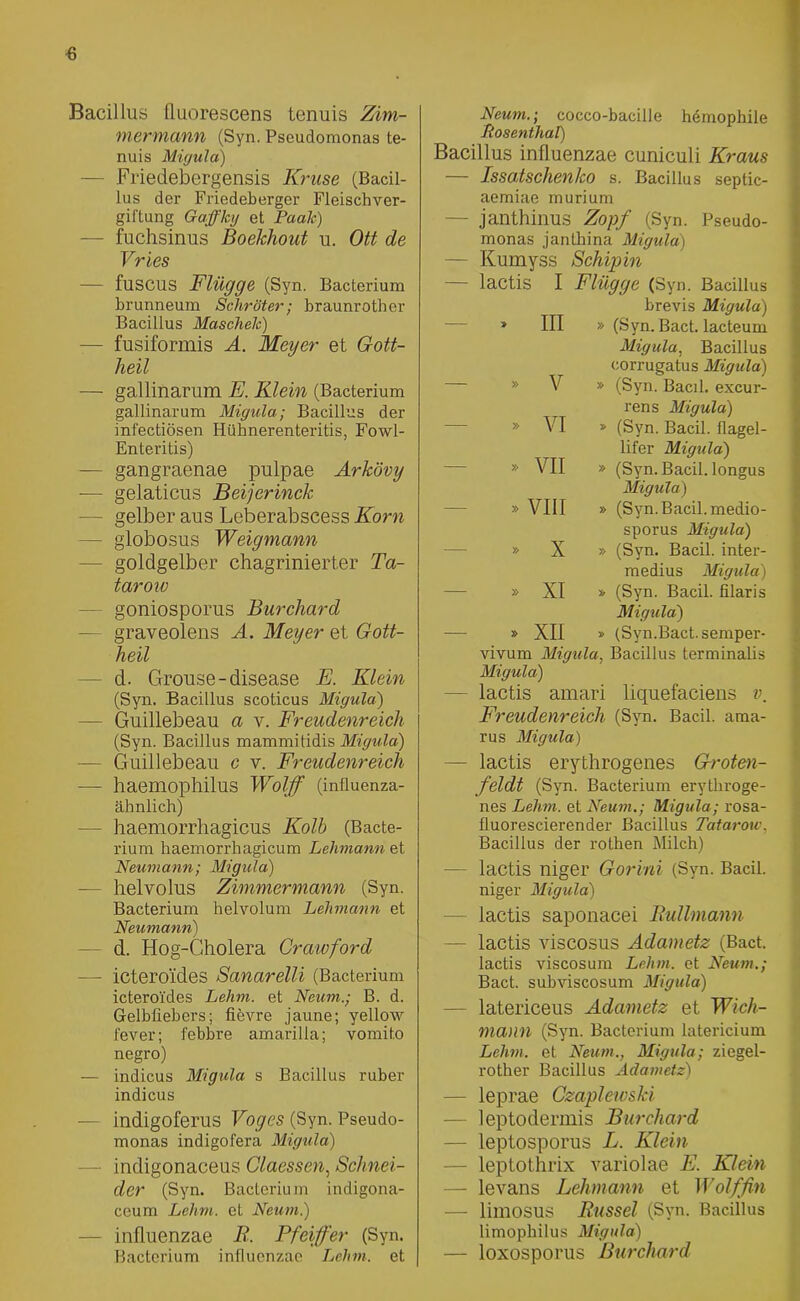 Bacillus fluorescens tenuis Zim- mermann (Syn. Pseudomonas te- nuis Migula) — Friedebergensis Kruse (Bacil- lus der Friedeberger Fleischver- giftung Gaffkg et Paale) — fuchsinus Boekliout u. Ott de Vries — fuscus Flügge (Syn. Bacterium brunneum Schröter; braunrother Bacillus Maschelc) — fusiformis A. Meyer et Gott- heit — gallinarum E. Klein (Bacterium gallinarum Migula; Bacillus der infectiösen Hübnerenteritis, Fowl- Enteritis) — gangraenae pulpae Arkövy ■— gelaticus Beijerinck - gelber aus Leberabscess Korn - globosus Weigmann — goldgelber chagrinierter Ta- tar ow goniosporus Burchard — graveolens A. Meyer et Gott- heit - d. Grouse-disease E. Klein (Syn. Bacillus scoticus Migula•) — Guillebeau a \. Freudenreich (Syn. Bacillus mammitidis Migula) — Guillebeau c v. Freudenreich — haemophilus Wolf (influenza- ähnlich) haemorrhagicus Kolb (Bacte- rium haemorrhagicum Lehmann et Neumann; Migula) — helvolus Zimmermann (Syn. Bacterium helvolum Lehmann et Neumann) d. Hog-C.holera Crawford — ictero’ides Sanarelli (Bacterium icteroides Lehm, et Neum.; B. d. Gelbfiebers; fievre jaune; yellow fever; febbre amarilla; vomito negro) — indicus Migula s Bacillus ruber indicus — indigoferus Voges (Syn. Pseudo- monas indigofera Migula) indigonaceus Claessen, Schnei- der (Syn. Bacterium indigona- ceum Lehm, et Neum.) — influenzae B. Pfeiffer (Syn. Bacterium influenzae Lehm, et Neum.; cocco-bacille hemophile Ttosenthal) Bacillus influenzae cuniculi Kraus — Issatschenko s. Bacillus septic- aemiae murium janthinus Zopf (Syn. Pseudo- monas janthina Migula) — Kumyss Schipin lactis I Flügge (Syn. Bacillus III brevis Migula) » (Syn. Bact. lacteum » V Migula, Bacillus eorrugatus Migula) » (Syn. Bacil. excur- » VI rens Migula) » (Syn. Bacil. fiagel- » VII lifer Migula) » (Syn. Bacil. longus » VIII Migula) » (Syn. Bacil. medio- » X sporus Migula) » (Syn. Bacil. inter- » XI medius Migula) » (Syn. Bacil. filaris » XII Migula) » (Syn.Bact. semper- vivum Migula, Bacillus terminalis Migula) -- lactis amari liquefaciens v. Freudenreich (Syn. Bacil. ama- rus Migula) — lactis erythrogenes Groten- feldt (Syn. Bacterium erythroge- nes Lehm, et Neum.; Migula; rosa- fluorescierender Bacillus Tataroxv. Bacillus der rothen Milch) — lactis niger Gorini (Syn. Bacil. niger Migula) lactis saponacei Bullmann — lactis viscosus Adametz (Bact. lactis viscosum Lehm, et Neum.; Bact. subviscosum Migula) latericeus Adametz et Wich- mann (Syn. Bacterium latericium Lehm, et Neum., Migula; ziegel- rother Bacillus Adametz) - leprae Czaplewski. leptodermis Burchard — leptosporus L. Klein leptothrix variolae E. Klein — levans Lehmann et Wolffin — limosus Bussei (Syn. Bacillus limophilus Migula) — loxosporus Burchard