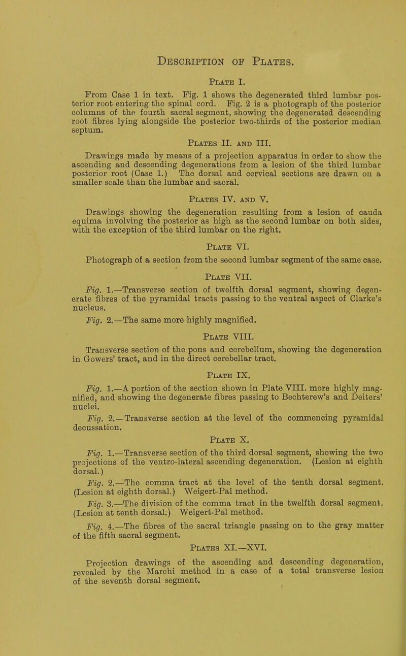 Description op Plates. Plate I. From Case 1 in text. Pig. 1 shows the degenerated third lumbar pos- terior root entering the spinal cord. Pig. 2 is a photograph of the posterior columns of the fourth sacral segment, showing the degenerated descending root fibres lying alongside the posterior two-thirds of the posterior median septum. Plates II. and III. Drawings made by means of a projection apparatus in order to show the ascending and descending degenerations from a lesion of the third lumbar posterior root (Case 1.) The dorsal and cervical sections are drawn on a smaller scale than the lumbar and sacral. Plates IV. and V. Drawings showing the degeneration resulting from a lesion of cauda equima involving the posterior as high as the second lumbar on both sides, with the exception of the third lumbar on the right. Plate VI. Photograph of a section from the second lumbar segment of the same case. Plate VII. Fig. 1.—Transverse section of twelfth dorsal segment, showing degen- erate fibres of the pyramidal tracts passing to the ventral aspect of Clarke’s nucleus. Fig. 2.—The same more highly magnified. Plate VIII. Transverse section of the pons and cerebellum, showing the degeneration in Gowers’ tract, and in the direct cerebellar tract. Plate IX. Fig. 1.—A portion of the section shown in Plate VIII. more highly mag- nified, and showing the degenerate fibres passing to Bechterew’s and Deiters’ nuclei. Fig. 2.—Transverse section at the level of the commencing pyramidal decussation. Plate X. Fig. 1.—Transverse section of the third dorsal segment, showing the two projections of the ventro-lateral ascending degeneration. (Lesion at eighth dorsal.) Fig. 2.—The comma tract at the level of the tenth dorsal segment. (Lesion at eighth dorsal.) Weigert-Pal method. Fig. 3.—The division of the comma tract in the twelfth dorsal segment. (Lesion at tenth dorsal.) Weigert-Pal method. Fig. 4.—The fibres of the sacral triangle passing on to the gray matter of the fifth sacral segment. Plates XI.—XVI. Projection drawings of the ascending and descending degeneration, revealed by the March! method in a case of a total transverse lesion of the seventh dorsal segment.