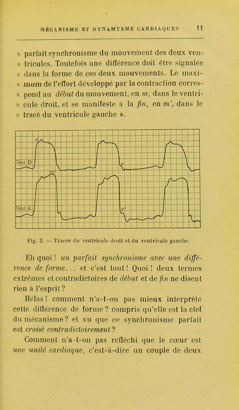 )) parfait synchronisme du mouvement des deux ven- » tricules. Toutefois une différence doit être signalée » dans la forme de ces deux mouvements. Le maxi- 0 mum de l’effort développé par la contraction corres- » pond au début du mouvement, en ni, dans le ventri- » cille droit, et se manifeste à la fin, en m', dans le » tracé du ventricule gauche ». Fig. 3. — Tracés du ventricule droit et du ventricule gauche. Eh quoi ! un parfait synchronisme avec une diffé- rence de forme... et c’est tout! Quoi! deux termes extrêmes et contradictoires de début et de fin ne disent rien à l’esprit? Hélas ! comment n’a-t-on pas mieux interprété cette différence de forme? compris qu’elle est la clef du mécanisme? et .vu que ce synchronisme parfait est croisé contradictoirement Comment n’a-t-on pas réfléchi que le cœur est une unité cardiaque, c’est-à-dire un couple de deux