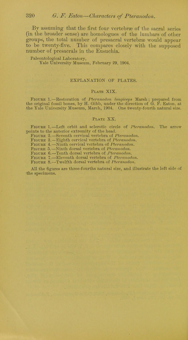 By assuming that the first four vertebrae of the sacral series (in the broader sense) are homologues of the lumbars of other groups, the total number of presacral vertebrae would appear to be twenty-five. This compares closely with the supposed number of presacrals in the Eusuchia. Paleontological Laboratory, Yale University Museum, February 29, 1904. EXPLANATION OF PLATES. Plate XIX. Figure 1.—Restoration of Pteranodon longiceps Marsh; prepared from the original fossil bones, by H. Gibb, under the direction of G. F. Eaton, at the Yale University Museum, March, 1904. One twenty-fourth natural size. Plate XX. Figure 1.—Left orbit and sclerotic circle of Pteranodon. The arrow points to the anterior extremity of the head. Figure 2.—Seventh cervical vertebra of Pteranodon. Figure 3.— Eighth cervical vertebra of Pteranodon. Figure 4.—Ninth cervical vertebra of Pteranodon. Figure 5.—Ninth dorsal vertebra of Pteranodon. Figure 6.—Tenth dorsal vertebra of Pteranodon. Figure 7.—Eleventh dorsal vertebra of Pteranodon. Figure 8.—Twelfth dorsal vertebra of Pteranodon. All the figures are three-fourths natural size, and illustrate the left side of the specimens.