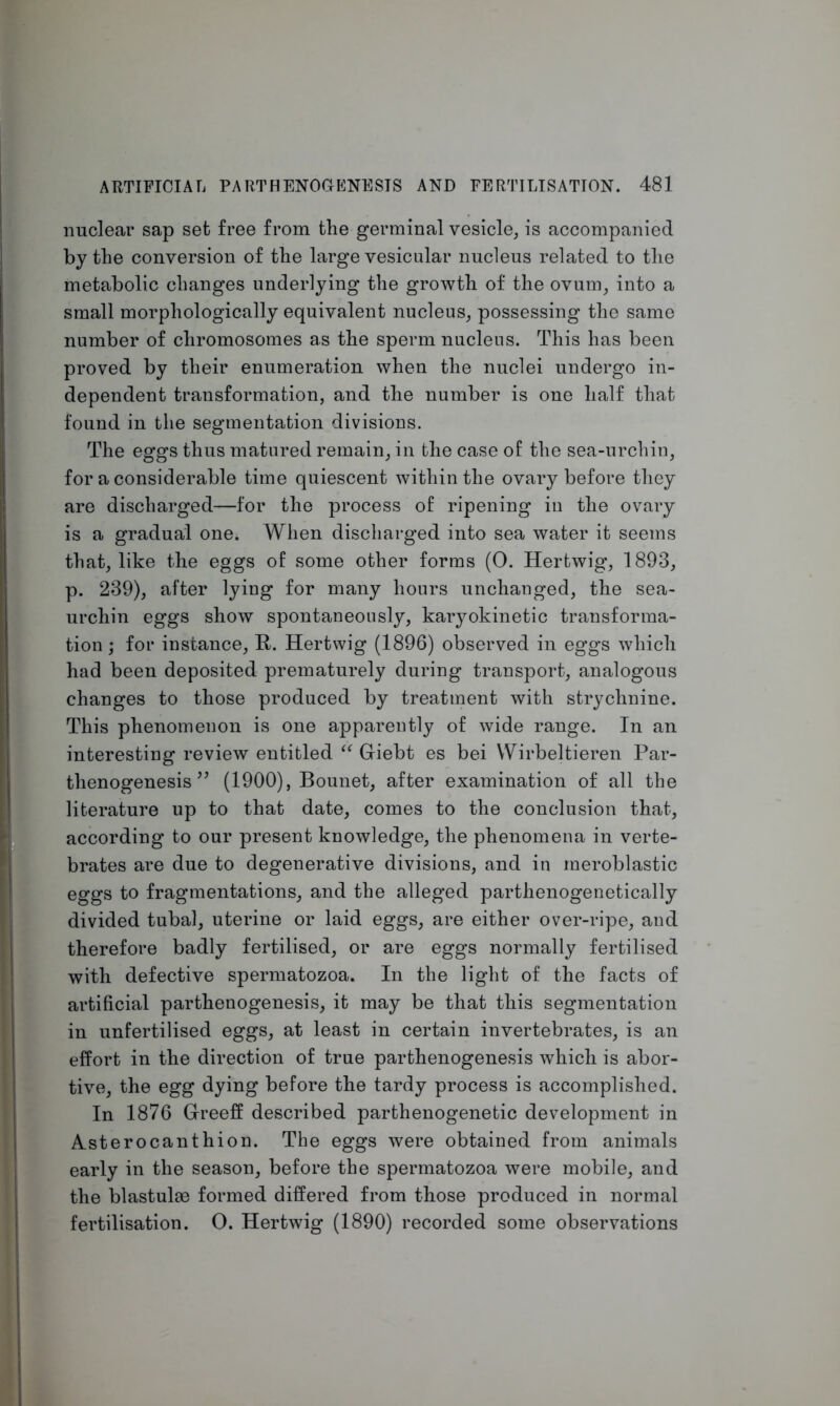 nuclear sap set free from the germinal vesicle, is accompanied by the conversion of the large vesicular nucleus related to the metabolic changes underlying the growth of the ovum, into a small morphologically equivalent nucleus, possessing the same number of chromosomes as the sperm nucleus. This has been proved by their enumeration when the nuclei undergo in- dependent transformation, and the number is one half that found in the segmentation divisions. The eggs thus matured remain, in the case of the sea-urchin, for a considerable time quiescent within the ovary before they are discharged—for the process of ripening in the ovary is a gradual one. When discharged into sea water it seems that, like the eggs of some other forms (0. Hertwig, 1893, p. 239), after lying for many hours unchanged, the sea- urchin eggs show spontaneously, karyokinetic transforma- tion ; for instance, R. Hertwig (1896) observed in eggs which had been deposited prematurely during transport, analogous changes to those produced by treatment with strychnine. This phenomenon is one apparently of wide range. In an interesting review entitled “ Gfiebt es bei Wirbeltieren Par- thenogenesis ” (1900), Bounet, after examination of all the literature up to that date, comes to the conclusion that, according to our present knowledge, the phenomena in verte- brates are due to degenerative divisions, and in meroblastic eggs to fragmentations, and the alleged parthenogenetically divided tubal, uterine or laid eggs, are either over-ripe, and therefore badly fertilised, or are eggs normally fertilised with defective spermatozoa. In the light of the facts of artificial parthenogenesis, it may be that this segmentation in unfertilised eggs, at least in certain invertebrates, is an effort in the direction of true parthenogenesis which is abor- tive, the egg dying before the tardy process is accomplished. In 1876 Gfreeff described parthenogenetic development in Asterocanthion. The eggs were obtained from animals early in the season, before the spermatozoa were mobile, and the blastulae formed differed from those produced in normal fertilisation. 0. Hertwig (1890) recorded some observations