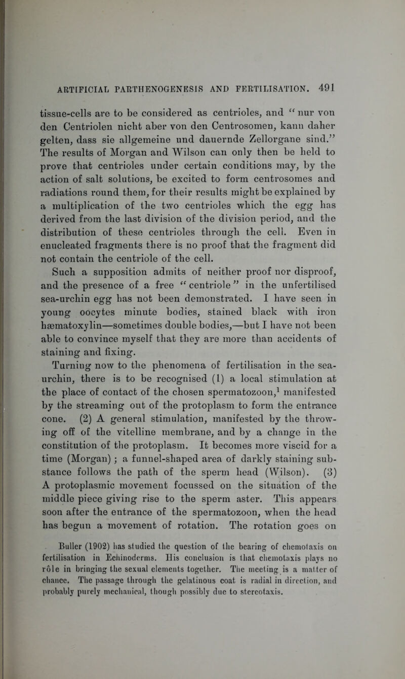 tissue-cells are to be considered as centrioles, and “ nur von den Centriolen nicbt aber von den Centrosomeu, kann daher gelten, dass sie allgemeine und dauernde Zellorgane sind.” The results of Morgan and Wilson can only then be held to prove that centrioles under certain conditions may, by the action of salt solutions, be excited to form centrosomes and radiations round them, for their results might be explained by a multiplication of the two centrioles which the egg has derived from the last division of the division period, and the distribution of these centrioles through the cell. Even in enucleated fragments there is no proof that the fragment did not contain the centriole of the cell. Such a supposition admits of neither proof nor disproof, and the presence of a free centriole ” in the unfertilised sea-urchin egg has not been demonstrated. I have seen in young oocytes minute bodies, stained black with iron haematoxylin—sometimes double bodies,—but I have not been able to convince myself that they are more than accidents of staining and fixing. Turning now to the phenomena of fertilisation in the sea- urchin, there is to be recognised (l) a local stimulation at the place of contact of the chosen spermatozoon,1 manifested by the streaming out of the protoplasm to form the entrance cone. (2) A general stimulation, manifested by the throw- ing off of the vitelline membrane, and by a change in the constitution of the protoplasm. It becomes more viscid for a time (Morgan); a funnel-shaped area of darkly staining sub- stance follows the path of the sperm head (Wilson). (3) A protoplasmic movement focussed on the situation of the middle piece giving rise to the sperm aster. This appears soon after the entrance of the spermatozoon, when the head has begun a movement of rotation. The rotation goes on Buller (1902) lias studied the question of the bearing of chemolaxis on fertilisation in Echinoderms. His conclusion is that chemotaxis plays no role in bringing the sexual elements together. The meeting is a matter of chance. The passage through the gelatinous coat is radial in direction, and probably purely mechanical, though possibly due to stereotaxis.