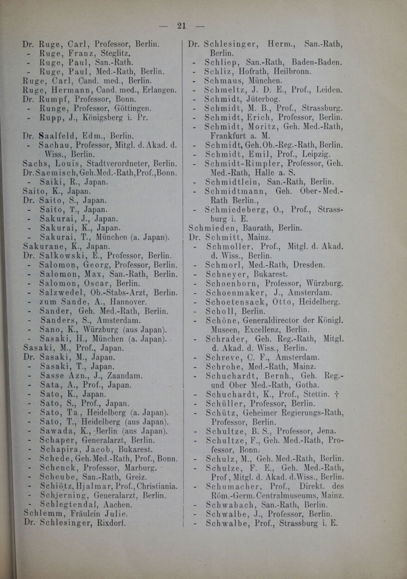 Dr. Rüge, Carl, Professor, Berlin. - Rüge, Franz, Steglitz, - Rüge, Paul, San.-Rath. - Rüge, Paul, Med.-Rath, Berlin. Rüge, Carl, Cancl. med., Berlin. Rüge, Hermann, Cand. med., Erlangen. Dr. Rumpf, Professor, Bonn. - Runge, Professor, Göttingen. - Rupp, J., Königsberg i. Pr. Dr. Saalfeld, Edm., Berlin. - Sachau, Professor, Mitgl. d.Akad. d. Wiss., Berlin. Sachs, Louis, Stadtverordneter, Berlin. Dr. S a e m i s c h, Geh. Med.-Rath,Prof.,Bon n. - Saiki, R., Japan. Saito, K., Japan. Dr. Saito, S., Japan. - Saito, T., Japan. - Sakurai, J., Japan. - Sakurai, K., Japan. - Sakurai, T., München (a. Japan). Sakurane, K., Japan. Dr. Salkowski, E., Professor, Berlin. - Salomon, Georg, Professor, Berlin. - Salomon, Max, San.-Rath, Berlin. - Salomon, Oscar, Berlin. - Salzwedel, Ob.-Stabs-Arzt, Berlin. - zum Sande, A., Hannover. - Sander, Geh. Med.-Rath, Berlin. - Sanders, S., Amsterdam. - Sano, K., Würzburg (aus Japan). - Sasaki, H., München (a. Japan). Sasaki, M., Prof., Japan. Dr. Sasaki, M., Japan. - Sasaki, T., Japan. - Sasse Azn., J., Zaandam. - Sata, A., Prof., Japan. - Sato, K., Japan. - Sato, S., Prof., Japan. - Sato, Ta., Heidelberg (a. Japan). - Sato, T., Heidelberg (aus Japan). - Sawada, K., Berlin (aus Japan). - Sch aper, Generalarzt, Berlin. - Schapira, Jacob, Bukarest. - Schede, Geh.Med.-Rath, Prof., Bonn. - Schenck, Professor, Marburg. - Scheube, San.-Rath, Greiz. - Schiötz,Hjalmar, Prof.,Christiania. - Schjerning, Generalarzt, Berlin. - Schlcgtendal, Aachen. Schlemm, Fräulein Julie. Dr. Schlesinger, Rixdorf. Dr. Schlesinger, Herrn., San.-Rath, Berlin. - Schliep, San.-Rath, Baden-Baden. - Schliz, Hofrath, Heilbronn. - Schmaus, München. - Schmeltz, J. D. E., Prof., Jjeiden. - Schmidt, Jüterbog. - Schmidt, M. B., Prof., Strassburg. - Schmidt, Erich, Professor, Berlin. - Schmidt, Moritz, Geh. Med.-Rath, Frankfurt a. M. - Schmidt, Geh.Ob.-Reg.-Rath, Berlin. - Schmidt, Emil, Prof., Leipzig. - Schmidt-Rimpler, Professor, Geh. Med.-Rath, Halle a. S. - Schmidtlein, San.-Rath, Berlin. - Schmidtmann, Geh. Ober-Med.- Rath Berlin., - Schmiedeberg, 0., Prof., Strass- burg i. E. Schmieden, Baurath, Berlin. Dr. Schmitt, Mainz. - Schmoller, Prof., Mitgl. d. Akad. d. Wiss., Berlin. - Schmorl, Med.-Rath, Dresden. - Schneyer, Bukarest. - Schoenborn, Professor, Würzburg. - Schoenmaker, J., Amsterdam. - Schoetensack, Otto, Heidelberg. - Scholl, Berlin. - Schöne, Generaldirector der Koni gl. Museen, Excellenz, Berlin. - Schräder, Geh. Reg.-Rath, Mitgl. d. Akad. d. Wiss., Berlin. - Schreve, C. F., Amsterdam. - Schrohe, Med.-Rath, Mainz. - Schuchardt, Bernh., Geh. Reg.- und Ober Med.-Rath, Gotha. - Schuchardt, K., Prof., Stettin, f - Schüller, Professor, Berlin. - Schütz, Geheimer Regierungs-Rath, Professor, Berlin. - Schultze, B. S., Professor, Jena. Schultze, F., Geh. Med.-Rath, Pro- fessor, Bonn. - Schulz, M., Geh. Med.-Rath, Berlin. - Schulze, F. E., Geh. Med.-Rath, Prof, Mitgl. d. Akad. d.Wiss., Berlin. - Schumacher, Prof., Direkt, des Röm.-Germ.Centralmuseums, Mainz. - Schwabach, San.-Rath, Berlin. - Schwalbe, J., Professor, Berlin. - Schwalbe, Prof., Strassburg i. E.