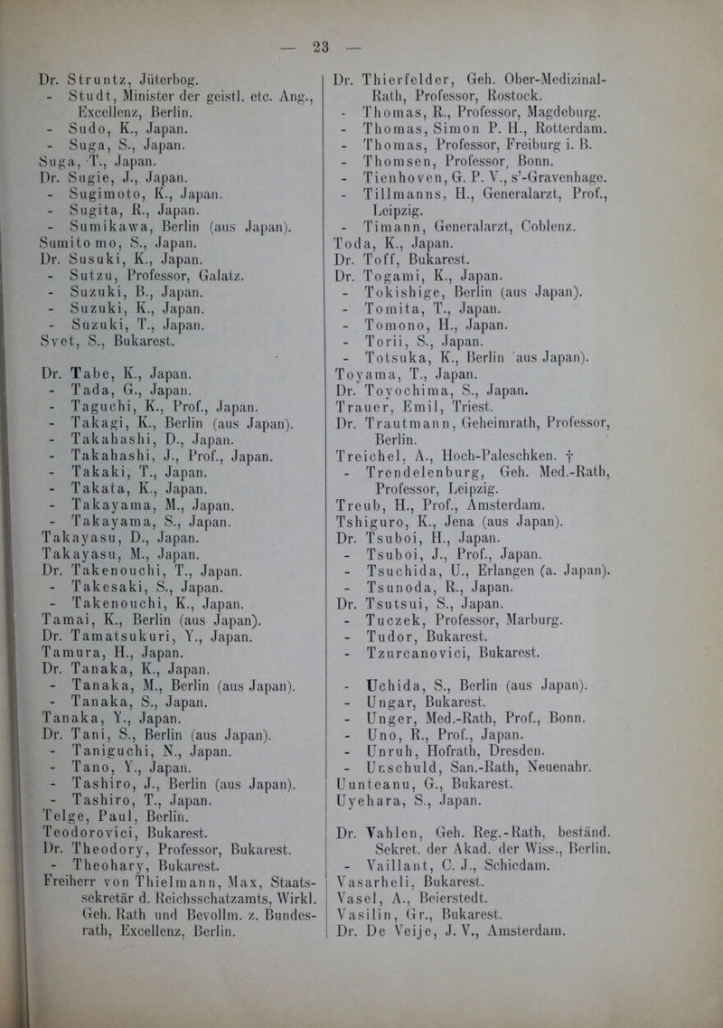 Dr. Struntz, Jüterbog. - Studt, Minister der geistl. etc. Ang., Excellenz, Berlin. - Sudo, K., Japan. - Suga, S., Japan. Suga, T., Japan. Dr. Sugie, J., Japan. - Sugimoto, K., Japan. - Sugita, R., Japan. - Sumikawa, Berlin (aus Japan). Sumitomo, S., Japan. Dr. Susuki, K., Japan. - Sutzu, Professor, Galatz. - Suzuki, B., Japan. - Suzuki, K., Japan. Suzuki, T., Japan. Svet, S., Bukarest. Dr. Tabe, K., Japan. - Tada, G., Japan. - Taguchi, K., Prof., Japan. - Takagi, K., Berlin (aus Japan). - Takahashi, D., Japan. - Takahashi, J., Prof., Japan. - Takaki, T., Japan. - Takata, K., Japan. - Takayama, M., Japan. - Takayama, S., Japan. Takayasu, D., Japan. Takayasu, M., Japan. Dr. Takenouchi, T., Japan. - Takesaki, S., Japan. - Takenouchi, K., Japan. Tamai, K., Berlin (aus Japan). Dr. Tamatsukuri, Y., Japan. Tamura, H., Japan. Dr. Tanaka, K., Japan. - Tanaka, M., Berlin (aus Japan). - Tanaka, S., Japan. Tanaka, Y., Japan. Dr. Tani, S., Berlin (aus Japan). - Taniguchi, N., Japan. - Tano, Y., Japan. - Tashiro, J., Berlin (aus Japan). - Tashiro, T., Japan. Teige, Paul, Berlin. Teodorovici, Bukarest. Dr. Theodory, Professor, Bukarest. - Theohary, Bukarest. Freiherr von Thiel mann, Max, Staats- sekretär d. Reichsschatzamts, Wirkl. Geh. Rath und Bevollm. z. Bundes- rath, Excellenz, Berlin. Dr. Thierfelder, Geh. Ober-Medizinal- Rath, Professor, Rostock. - Thomas, R., Professor, Magdeburg. - Thomas, Simon P. H., Rotterdam. - Thomas, Professor, Frei bürg i. B. - Thomsen, Professor, Bonn. - Tienhoven, G. P. V., s’-Gravenhage. - Tillmanns, H., Generalarzt, Prof., Leipzig. - Tim ann, Generalarzt, Coblenz. Toda, K., Japan. Dr. Toff, Bukarest. Dr. Togami, K., Japan. - Tokishige, Berlin (aus Japan). - Tomita, T., Japan. - Tomono, H., Japan. - Torii, S., Japan. - Totsuka, K., Berlin aus Japan). Toyama, T., Japan. Dr. Toyochima, S., Japan. Trauer, Emil, Triest. Dr. Tr aut mann, Geheimrath, Professor, Berlin. Treichel, A., Hoch-Paleschken. f - Trendelenburg, Geh. Med.-Rath, Professor, Leipzig. Treub, H., Prof., Amsterdam. Tshiguro, K., Jena (aus Japan). Dr. Tsuboi, H., Japan. - Tsuboi, J., Prof., Japan. - Tsuchida, U., Erlangen (a. Japan). - Tsunoda, R., Japan. Dr. Tsutsui, S., Japan. - Tuczek, Professor, Marburg. - Tudor, Bukarest. - Tzurcanovici, Bukarest. - Uchida, S., Berlin (aus Japan). - Ungar, Bukarest. - Unger, Med.-Rath, Prof., Bonn. - Uno, R., Prof., Japan. - Unruh, Hofrath, Dresden. - Unschuld, San.-Rath, Neuenahr. Uunteanu, G., Bukarest. Uyehara, S., Japan. Dr. Yahlen, Geh. Reg.-Rath, bestand. Sekret, der Akad. der Wiss., Berlin. - Vaillant, C. J., Schicdam. Vasarheli, Bukarest, Vasel, A., Beierstedt. Vasilin, Gr., Bukarest. Dr. De Veije, J. V., Amsterdam.