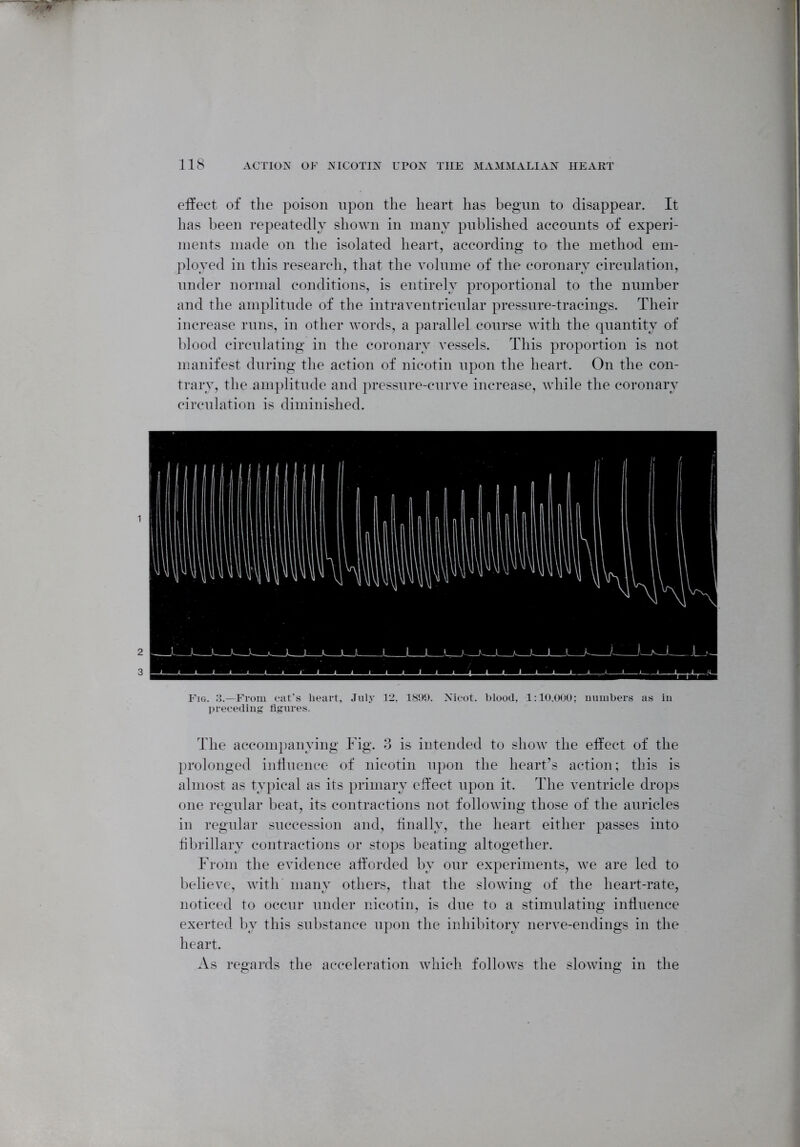 effect of the poison upon the heart has begun to disappear. It has been repeatedly shown in many published accounts of experi- ments made on the isolated heart, according to the method em- ployed in this research, that the volume of the coronary circulation, under normal conditions, is entirely proportional to the number and the amplitude of the intraventricular pressure-tracings. Their increase runs, in other words, a parallel course with the quantity of blood circulating in the coronary vessels. This proportion is not manifest during the action of nicotin upon the heart. On the con- trary, the amplitude and pressure-curve increase, while the coronary circulation is diminished. Fig. 3.—From cat's heart, July 12, 1899. Nicot. blood, 1:10.000; numbers as iu preceding figures. The accompanying Fig. 3 is intended to show the effect of the prolonged influence of nicotin upon the heart’s action; this is almost as typical as its primary effect upon it. The ventricle drops one regular beat, its contractions not following those of the auricles in regular succession and, finally, the heart either passes into fibrillary contractions or stops beating altogether. From the evidence afforded by our experiments, we are led to believe, with many others, that the slowing of the heart-rate, noticed to occur under nicotin, is due to a stimulating influence exerted by this substance upon the inhibitory nerve-endings in the heart. As regards the acceleration which follows the slowing in the