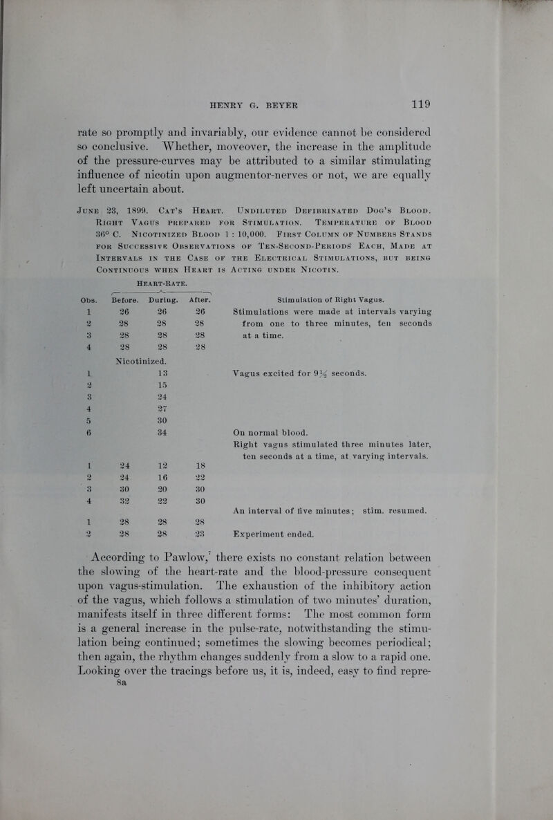 rate so promptly and invariably, our evidence cannot be considered so conclusive. Whether, moveover, the increase in the amplitude of the pressure-curves may be attributed to a similar stimulating influence of nicotin upon augmentor-nerves or not, we are equally left uncertain about. June 23, 1899. Cat’s Heart. Undiluted Defibrinated Dog’s Blood. Right Vagus prepared for Stimulation. Temperature of Blood 36° C. Nicotinized Blood 1 : 10,000. First Column of Numbers Stands for Successive Observations of Ten-Second-PeriodS Each, Made at Intervals in the Case of the Electrical Stimulations, but being Continuous when Heart is Acting under Nicotin. Heart-Rate. Obs. Before. Duriug. After. Stimulation of Right Vagus. 1 26 26 26 Stimulations were made at intervals varying 2 28 28 28 from one to three minutes, ten seconds 3 28 28 28 at a time. 4 28 28 28 Nicotinized. 1 13 Vagus excited for seconds. 2 15 3 24 4 27 5 30 6 34 On normal blood. Right vagus stimulated three minutes later, l 24 12 18 ten seconds at a time, at varying intervals. 2 24 16 22 3 30 20 30 4 32 22 30 An interval of five minutes; stim. resumed. 1 28 28 28 2 28 28 23 Experiment ended. According to Pawlow,' there exists no constant relation between the slowing of the heart-rate and the blood-pressure consequent upon vagus-stimulation. The exhaustion of the inhibitory action of the vagus, which follows a stimulation of two minutes’ duration, manifests itself in three different forms: The most common form is a general increase in the pulse-rate, notwithstanding the stimu- lation being continued; sometimes the slowing becomes periodical; then again, the rhythm changes suddenly from a slow to a rapid one. Looking over the tracings before us, it is, indeed, easy to find repre- 8a