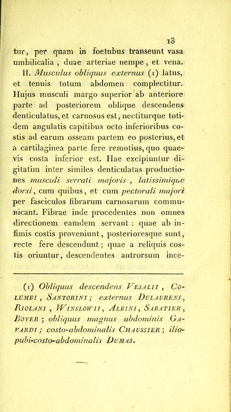 iur, per quam in foetubus transeunt vasa umbilicalia , duae arteriae nempe , et vena. 11. Musculus obliquus externus (i) latus, et tenuis totum abdomen complectitur. Hujus musculi margo superior ab anteriore parte ad posteriorem oblique descendens denticulatus, et carnosus est, nectiturque toti- dem angulatis capitibus octo inferioribus co- stis ad earum osseam partem eo posterius, et a cartilaginea parte fere remotius, quo quae- vis costa inferior est. Hae excipiuntur di- gitatim inter similes denticulatas productio- nes musculi serrati majoris , latiss in lique dorsi, cum quibus, et cum pectorali majori per fasciculos librarum carnosarum commu- nicant. Fibrae inde procedentes non omnes directionem eamdem servant : quae ab in- fimis costis proveniunt, posterioresque sunt, recte fere descendunt; quae a reliquis cos- tis oriuntur, descendentes antrorsum ince- (i) Obliquus descendens Vesalii , Co- lvmbi , Santorini ; externus Dulavrens, Fiiolani , Winslowii, Albini, Sabatier , Boyer ; obliquus magnus abdominis Ga~ vardi ; costo-abdominalis Chavssier ; ilio- pubi*costo-abdominalis Dumas.