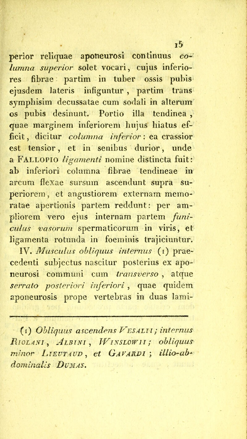 perior reliquae aponeurosi continuus co- lumna superior solet vocari, cujus inferio- res fibrae partim in tuber ossis pubis ejusdem lateris infiguntur , partim trans symphisim decussatae cum sodali in alterum os pubis desinunt. Portio illa tendinea , quae marginem inferiorem hujus hiatus ef- ficit , dicitur columna inferior: ea crassior est tensior, et in senibus durior, unde a FALLOPIO ligamenti nomine distincta fuit: ab inferiori columna fibrae tendineae in arcum flexae sursum ascendunt supra su- periorem, et angustiorem externam memo- ratae apertionis partem reddunt: per am- pliorem vero ejus internam partem funi- culus vasorum spermaticorum in viris, et ligamenta rotunda in foeminis trajiciuntur. IV. Musculus obliquus internus (i) prae- cedenti subjectus nascitur posterius ex apo- neurosi communi cum transverso , atque serrato posteriori inferiori , quae quidem aponeurosis prope vertebras in duas lami- (i) Obliquus ascendens Vesalii; internus Riolani , Albini , JVinslowii ; obliquus minor Lievtauv , et GavaRDI ; illio-ab-■ dominalis Dum as.