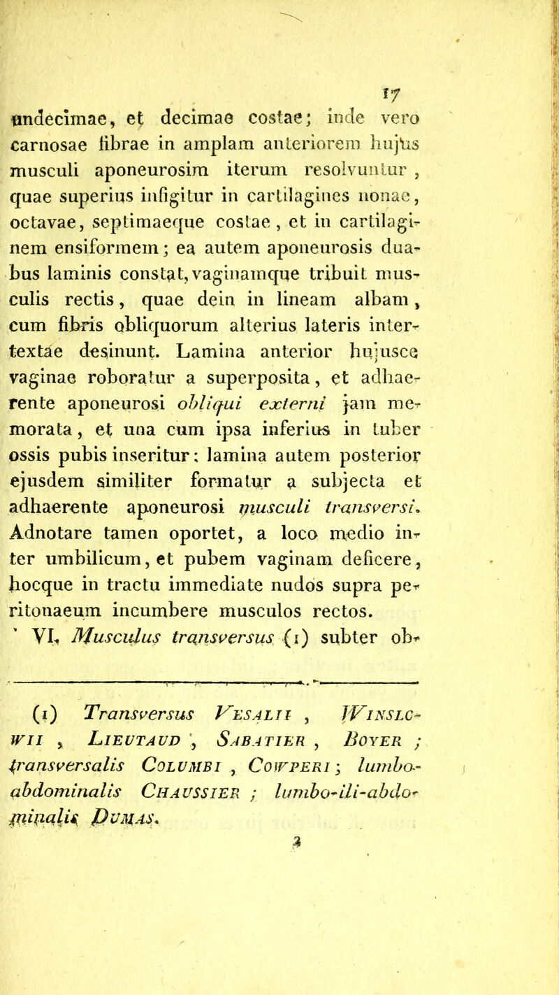 f? undecimae, et decimae costae; inde vero carnosae librae in amplam anteriorem hujlis musculi aponeurosim iterum resolvuntur , quae superius infigitur in cartilagines nonae, octavae, septimaeque costae , et in cartilagi- nem ensiformem; ea autem aponeurosis dua- bus laminis constat,vaginamqne tribuit mus- culis rectis, quae dein in lineam albam , cum fibris obliquorum alterius lateris inter- textae desinunt. Lamina anterior hujusce vaginae roboratur a superposita, et adhae- rente aponeurosi obliqui externi jam me- morata, et una cum ipsa inferius in tuber ossis pubis inseritur; lamina autem posterior ejusdem similiter formator u subjecta et adhaerente aponeurosi xjiusculi transversi* Adnotare tamen oportet, a loco medio in- ter umbilicum, et pubem vaginam deficere, hocque in tractu immediate nudos supra pe- ritonaeum incumbere musculos rectos. Vh Musculus transversus (i) subter ob- (i) Transversus Ves alti- , IVinslo- wn , Lieutaud Sabatier , Boyer ; transversalis Columbi , Cojfperi ; lumba- abdominalis Chaussier ; lumbo-ili-ah do^ tniaalU Pumas* 3