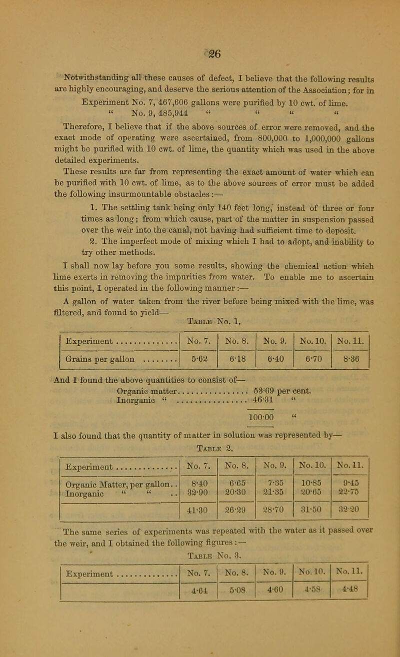Notwithstanding all these causes of defect, I believe that the following results are highly encouraging, and deserve the serious attention of the Association; for in Experiment No. 7, 467,600 gallons were purified by 10 cwt. of lime. “ No. 9,485,944 “ “ “ « Therefore, I believe that if the above sources of error were removed, and the exact mode of operating were ascertained, from 800,000 to 1,000,000 gallons might he purified with 10 cwt. of lime, the quantity which was used in the above detailed experiments. These results are far from representing the exact amount of water which can he purified with 10 cwt. of lime, as to the above sources of error must he added the following insurmountable obstacles :— 1. The settling tank being only 140 feet long,' instead of three or four times as long; from which cause, part of the matter in suspension passed over the weir into the canal, not having had sufficient time to deposit. 2. The imperfect mode of mixing which I had to adopt, and inability to try other methods. I shall now lay before you some results, showing the chemical action which lime exerts in removing the impurities from water. To enable me to ascertain this point, I operated in the following manner :— A gallon of water taken from the river before being mixed with the lime, was filtered, and found to yield— Table No. 1. Experiment No. 7. No. 8. No. 9. No. 10. No. 11. Grains per gallon 5-62 6-18 6-40 6-70 8-36 And I found the above quantities to consist of— Organic matter 53-69 per cent. Inorganic “ 46-31 “ 100-00 “ I also found that the quantity of matter in solution was represented by— Table 2. Experiment No. 7. No. 8. No. 9. No. 10. No. 11. Organic Matter, per gallon.. Inorganic “ “ 8-40 32-90 6-65 20-30 7-35 21-35 10-85 20-65 9-45 22-75 41-30 26-29 28-70 31-50 32-20 The same series of experiments was repeated with the water as it passed over the weir, and I obtained the following figures : — Table No. 3. Experiment No. 7. No. 8. No. 9. No. 10. No. 11. 4-64 5-08 4-60 4-58 4-48
