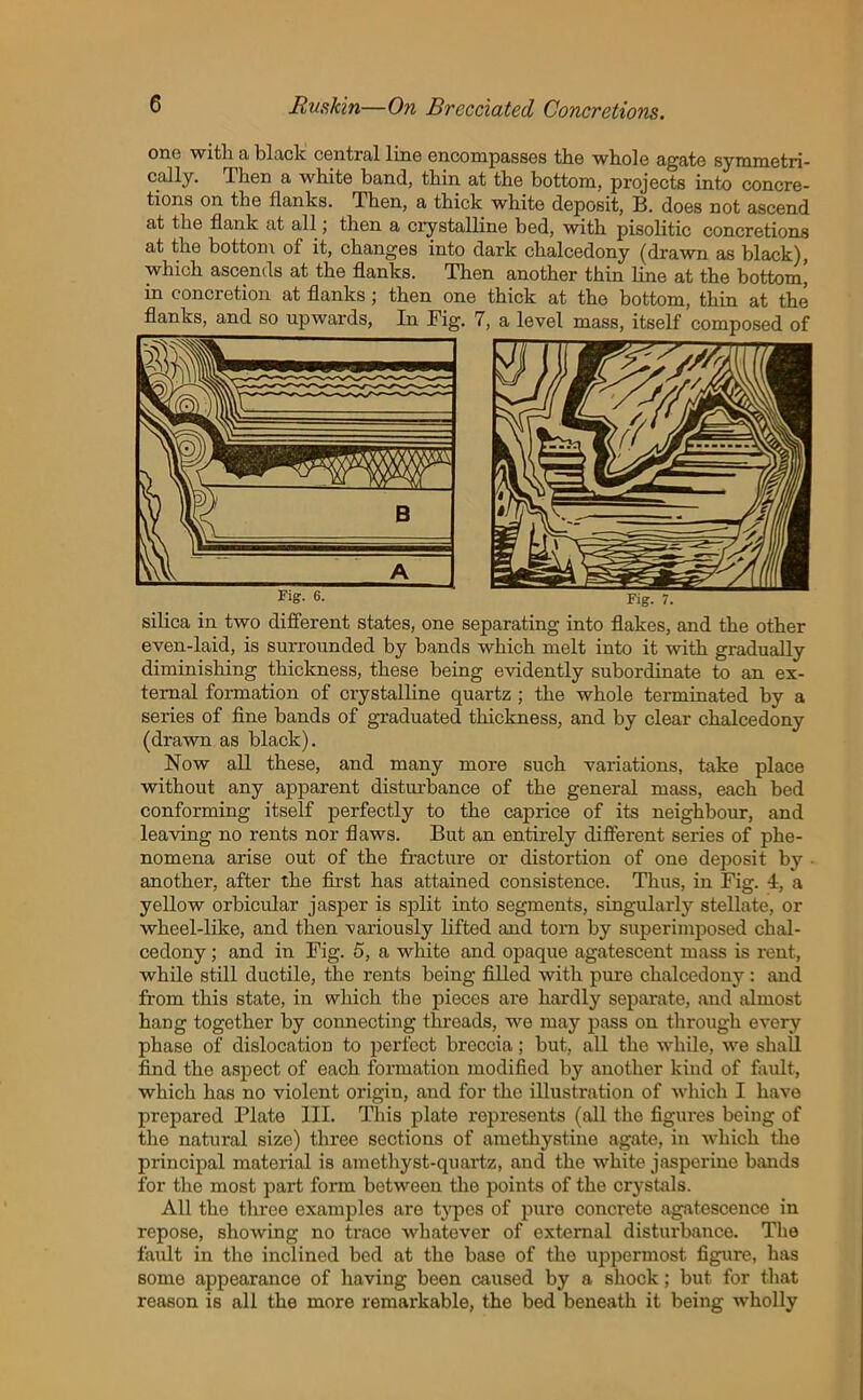 one with a black central line encompasses the whole agate symmetri- cally. Then a white band, thin at the bottom, projects into concre- tions on the flanks. Then, a thick white deposit, B. does not ascend at the flank at all; then a crystalline bed, with pisolitic concretions at the bottom of it, changes into dark chalcedony (drawn as black), which ascends at the flanks. Then another thin line at the bottom] in concretion at flanks ; then one thick at the bottom, thin at the flanks, and so upwards, In Fig. 7, a level mass, itself composed of silica in two different states, one separating into flakes, and the other even-laid, is surrounded by bands which melt into it with gradually diminishing thickness, these being evidently subordinate to an ex- ternal formation of crystalline quartz ; the whole terminated by a series of fine bands of graduated thickness, and by clear chalcedony (drawn as black). Now all these, and many more such variations, take place without any apparent disturbance of the general mass, each bed conforming itself perfectly to the caprice of its neighbour, and leaving no rents nor flaws. But an entirely different series of phe- nomena arise out of the fracture or distortion of one deposit by another, after the first has attained consistence. Thus, in Fig. 4, a yellow orbicular jasper is split into segments, singularly stellate, or wheel-like, and then variously lifted and torn by superimposed chal- cedony ; and in Fig. 5, a white and opaque agatescent mass is rent, while still ductile, the rents being filled with pure chalcedony: and from this state, in which the pieces are hardly separate, and almost hang together by connecting threads, we may pass on through every phase of dislocation to perfect breccia; but, all the while, we shall find the aspect of each formation modified by another kind of fault, which has no violent origin, and for the illustration of which I have prepared Plate III. Tins plate represents (all the figures being of the natural size) three sections of amethystine agate, in which the principal material is amethyst-quartz, and the white jasperiuo bands for the most part form between the points of the crystals. All the three examples are types of pure concrete agatescence in repose, showing no trace whatever of external disturbance. The fault in the inclined bed at the base of the uppermost figure, has some appearance of having been caused by a shock; but for that reason is all the more remarkable, the bed beneath it being wholly