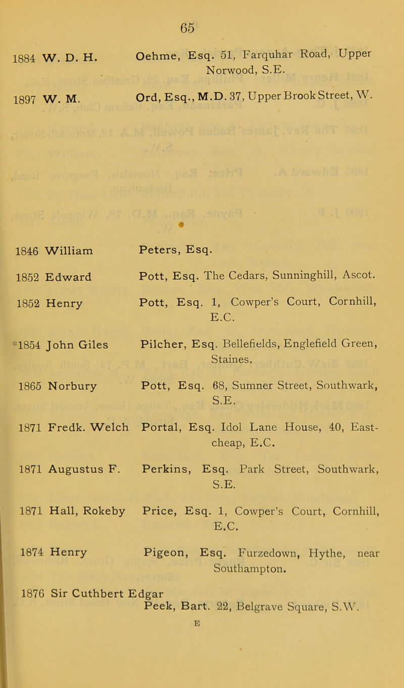 1884 W. D. H. Oehme, Esq. 51, Farquhar Road, Upper Norwood, S.E. 1897 W. M. Ord, Esq., M.D. 37, Upper Brook Street, W. • 1846 William Peters, Esq. 1852 Edward Pott, Esq. The Cedars, Sunninghill, Ascot. 1852 Henry Pott, Esq. 1, Cowper’s Court, Cornhill, E.C. *1854 John Giles Pilcher, Esq. Bellefields, Englefield Green, Staines. 1865 Norbury Pott, Esq. 68, Sumner Street, Southwark, S.E. 1871 Fredk. Welch Portal, Esq. Idol Lane House, 40, East- 1871 Augustus F. cheap, E.C. Perkins, Esq. Park Street, Southwark, S.E. 1871 Hall, Rokeby Price, Esq. 1, Cowper’s Court, Cornhill, E.C. 1874 Henry Pigeon, Esq. Furzedown, Hythe, near Southampton. 1876 Sir Cuthbert Edgar Peek, Bart. 22, Belgrave Square, S.W E