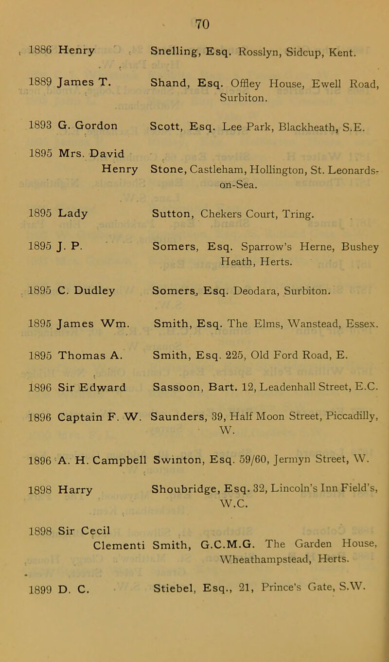 1886 Henry Snelling, Esq. Rosslyn, Sidcup, Kent. 1889 James T. ; c Shand, Esq. Offley House, Ewell Road, Surbiton. 1893 G. Gordon Scott, Esq. Lee Park, Blackheath, S.E. 1895 Mrs. David Henry Stone, Castleham, Hollington, St. Leonards- on-Sea. 1895 Lady Sutton, Chekers Court, Tring. 1895 J. P. Somers, Esq. Sparrow’s Herne, Bushey Heath, Herts. 1895 C. Dudley Somers, Esq. Deodara, Surbiton. 1895 James Wm. Smith, Esq. The Elms, Wanstead, Essex. 1895 Thomas A. Smith, Esq. 225, Old Ford Road, E. 1896 Sir Edward Sassoon, Bart. 12, Leadenhall Street, E.C. 1896 Captain F. W. Saunders, 39, Half Moon Street, Piccadilly, W. 1896 A. H. Campbell Swinton, Esq. 59/60, Jermyn Street, W 1898 Harry Shoubridge, Esq. 32, Lincoln’s Inn Field’s, W.C. 1898 Sir Cecil Clementi Smith, G.C.M.G. The Garden House, 1899 D. C. Wheathampstead, Herts. Stiebel, Esq., 21, Prince’s Gate, S.W.