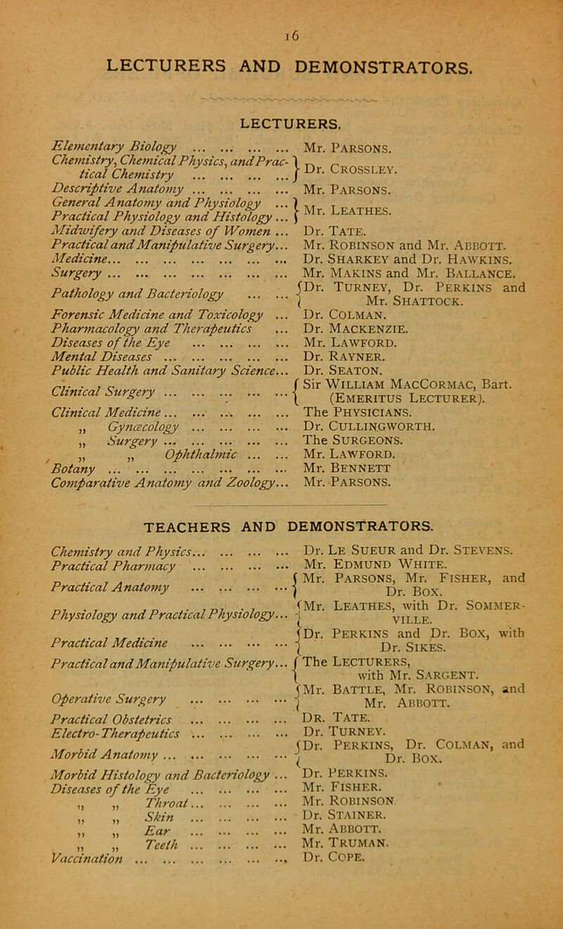 j6 LECTURERS AND DEMONSTRATORS. LECTURERS. Elementary Biology Chemistry, Chemical Physics, and Prac- tical Chemistry Descriptive Anatomy General A natomy and Physiology Practical Physiology and Histology Midwifery and Diseases of Women Practical and Manipulative Surgery Medicine Surgery Pathology and Bacteriology Forensic Medicine and Toxicology Pharmacology a?id Therapeutics Diseases of the Eye Mental Diseases Public Health and Sanitary Science Clinical Surgery Clinical Medicine ... „ Gyncecology „ Surgery „ „ Ophthalmic ... Botany Comparative A natomy and Zoology } Mr. Parsons. Dr. Crossley. Mr. Parsons. Mr. Leathes. Dr. Tate. Mr. Robinson and Mr. Abbott. Dr. Sharkey and Dr. Hawkins. Mr. Makins and Mr. Ballance. jDr. Turney, Dr. Perkins and l Mr. Shattock. Dr. Colman. Dr. Mackenzie. Mr. Lawford. Dr. Rayner. Dr. Seaton. / Sir William MacCormac, Bart. \ (Emeritus Lecturer). The Physicians. Dr. CULLINGWORTH. The Surgeons. Mr. Lawford. Mr. Bennett Mr. Parsons. TEACHERS AND DEMONSTRATORS. Chemistry and Physics... Practical Pharmacy Practical A natomy ... Dr. Le Sueur and Dr. Stevens. ... Mr. Edmund White. ( Mr. Parsons, Mr. Fisher, and • ) Dr. Box. . , , „ , (Mr. Leathes, with Dr. Sommer- Physiology and Practical Physiology... J\ ville „ (Dr. Perkins and Dr. Box, with Practical Medicine i j}r Sikes. Practical and Manipulative Surgery... / The Lecturers, \ with Mr. Sargent. - . ^ (Mr. Battle, Mr. Robinson, and Operative Surgery -j Mr. Abbott. Practical Obstetrics Dr. Tate. Electro-Therapeutics Dr. Turney. (Dr. Perkins, Dr. Colman, and Morbid Anatomy j)r Box Morbid Histology and Bacteriology ... Dr. Perkins. Diseases of the Eye Mr. Fisher. „ „ Throat Mr. ROBINSON „ „ Skin Dr. Stainer. „ „ Ear Mr. Abbott. „ „ Teeth Mr. Truman. Vaccination Dr. Cope.