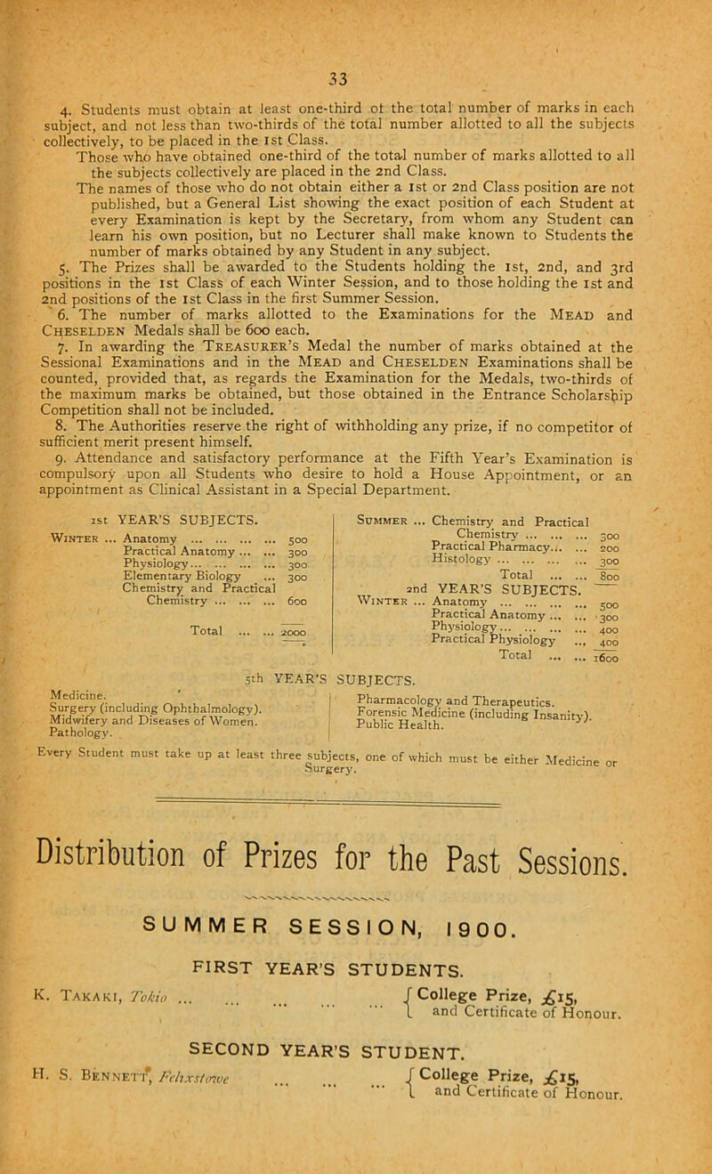 4. Students must obtain at Jeast one-third ot the total number of marks in each subject, and not less than two-thirds of the total number allotted to all the subjects collectively, to be placed in the ist Class. Those who have obtained one-third of the totaJ number of marks allotted to all the subjects collectively are placed in the 2nd Class. The names of those who do not obtain either a 1st or 2nd Class position are not published, but a General List showing the exact position of each Student at every Examination is kept by the Secretary, from whom any Student can learn his own position, but no Lecturer shall make known to Students the number of marks obtained by any Student in any subject. 5. The Prizes shall be awarded to the Students holding the 1st, 2nd, and 3rd positions in the 1st Class of each Winter Session, and to those holding the 1st and 2nd positions of the 1st Class in the first Summer Session. 6. The number of marks allotted to the Examinations for the Mead and Cheselden Medals shall be 600 each. 7. In awarding the Treasurer's Medal the number of marks obtained at the Sessional Examinations and in the Mead and Cheselden Examinations shall be counted, provided that, as regards the Examination for the Medals, two-thirds of the maximum marks be obtained, but those obtained in the Entrance Scholarship Competition shall not be included. 8. The Authorities reserve the right of withholding any prize, if no competitor of sufficient merit present himself. 9. Attendance and satisfactory performance at the Fifth Year’s Examination is compulsory upon all Students who desire to hold a House Appointment, or an appointment as Clinical Assistant in a Special Department. ist YEAR’S SUBJECTS. Winter ... Anatomy 500 Practical Anatomy 300 Physiology 300 Elementary Biology ... 300 Chemistry and Practical Chemistry 600 Total 2000 Summer ... Chemistry and Practical Chemistry 300 Practical Pharmacy... ... 200 Histology- 300 Total 800 and YEAR’S SUBJECTS. ~~ Winter ... Anatomy 3QO Practical Anatomy 300 Physiology 400 Practical Physiology ... 400 Total 1600 5th Medicine. Surgery (including Ophthalmology). Midwifery and Diseases of Women. Pathology-. YEAR’S SUBJECTS. I Pharmacology and Therapeutics. Forensic Medicine (including Insanity). Public Health. Every Student must take up at least three subjects, one of which must be either Medicine or Surgery. Distribution of Prizes for the Past Sessions. SUMMER SESSION, 1900. FIRST YEAR’S STUDENTS. K. Takaki, Tokio J College Prize, ^15, l a°d Certificate of Honour. SECOND YEAR’S STUDENT. H. S. Bennett, Felixstowe J College Prize, .£15, l an<3 Certificate of Honour.