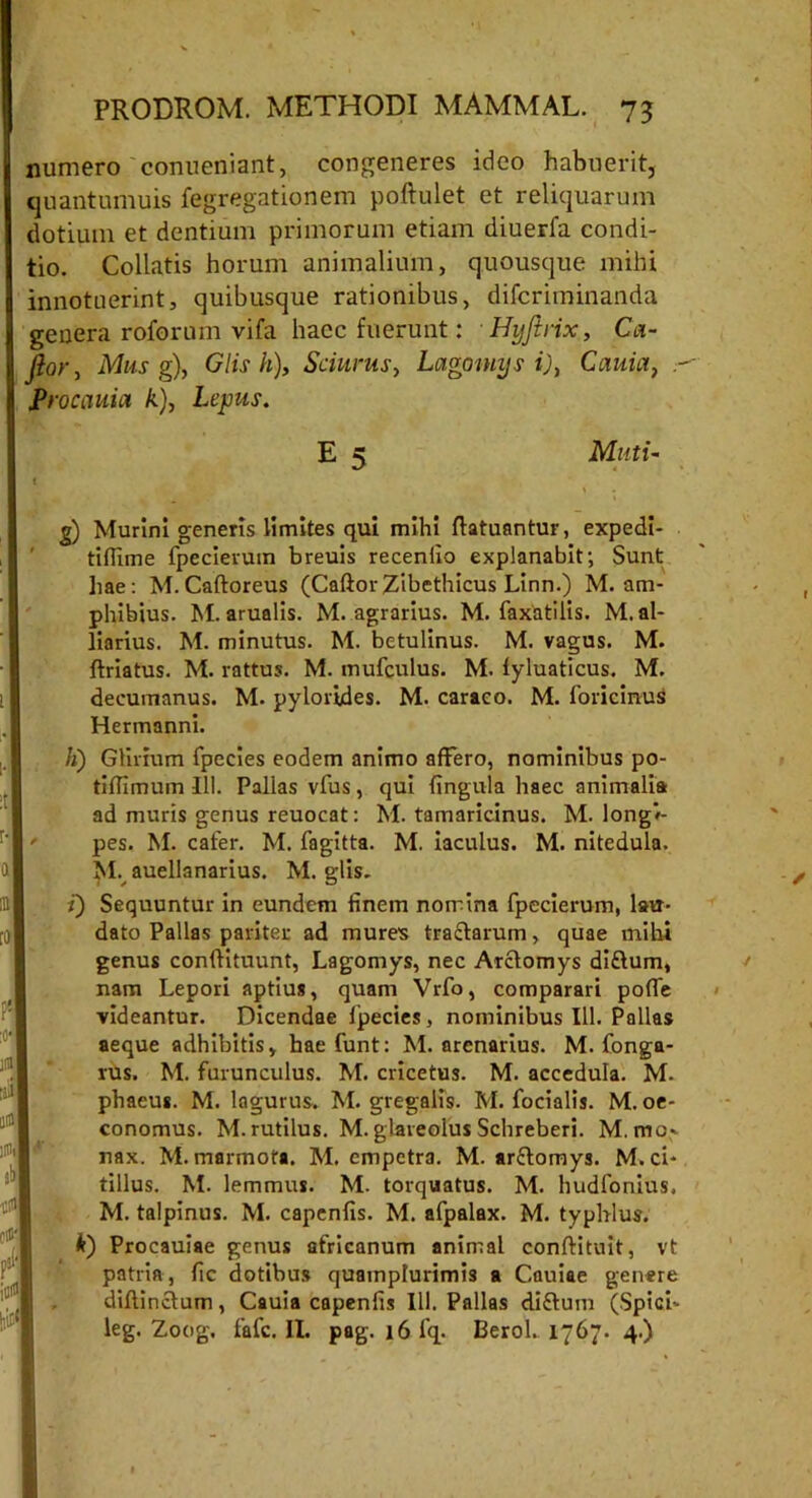 numero conueniant, congeneres ideo habuerit, quantumuis fegregationem poftulet et reliquarum dotium et dentium primorum etiam diuerfa condi- tio. Collatis horum animalium, quousque mihi innotuerint, quibusque rationibus, difcriminanda genera roforum vifa haec fuerunt: Hyftrix, Ca- I ftor, Mus g), Glis h). Sciurus, Lagomys i)} Cauici, Procauia k), Lepus. E « Muti- ' g) Murini generis limites qui mihi flatuantur, expedi- tiflime fpecierum breuis recenfio explanabit; Sunt hae: M.Caftoreus (Caftor Zibethicus Linn.) M. am- phibius. M. arualis. M. agrarius. M. faxatilis. M.al- liarius. M. minutus. M. betulinus. M. vagus. M. ftriatus. M. rattus. M. mufculus. M. fyluaticus. M. decumanus. M. pylorides. M. caraeo. M. foricirms Hermanni. /1) Glirium fpecies eodem animo affero, nominibus po- tiflimum III. Pallas vfus, qui lingula haec animalia ad muris genus reuocat: M. tainaricinus. M. longi- pes. M. cafer. M. fagitta. M. iaculus. M. nitedula. Mv auellanarius. M. glis. i) Sequuntur in eundem finem nomina fpecierum, lau- dato Pallas pariter ad mures tractarum, quae mihi genus conftituunt, Lagomys, nec Arctomys diftum, nam Lepori aptius, quam Vrfo, comparari polle videantur. Dicendae fpecies, nominibus 111. Pallas aeque adhibitis, hae funt: M. arenarius. M. fonga- rus. M. furunculus. M. cricetus. M. accedula. M- phaeus. M. lagurus. M. gregalis. M. focialis. M. oe- conomus. M. rutilus. M. glareolus Schreberi. M. mo- nax. M. mannota. M. cmpctra. M. sr&omys. M. ci- tillus. M. lemmus. M. torquatus. M. hudfonius, M. talpinus. M. capenfis. M. afpalax. M. typhlus. fc) Procauiae genus africanum animal conftituit, vt patria, fic dotibus quamplurimis a Cnuiae genere diflinctum, Cauia capenfis 111. Pallas di&um (Spici- leg. Zoog. fafc. II. pag. 16 fq. Berol. 1767. 4.)