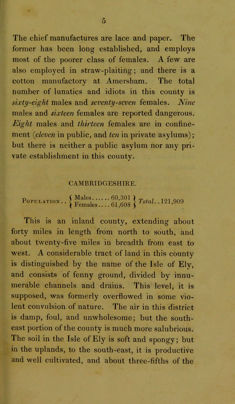 The chief manufactures are lace and paper. The former has been long established, and employs most of the poorer class of females. A few are also employed in straw-plaiting; and there is a cotton manufactory at Amersham. The total number of lunatics and idiots in this county is sLvty-eight males and seventy-seven females. males and sixteen females are reported dangerous. Eight males and thirteen females are in confine- ment (eleven in public, and ten in private asylums); but there is neither a public asylum nor any pri- vate establishment in this countv. CAMBRIDGESHIRE. Population. •1 Males 60,301 Females.... 61,608 1 7’o^aL. 121,909 This is an inland county, extending about forty miles in length from north to south, and about twenty-five miles in breadth from east to west. A considerable tract of land in this county is distinguished by the name of the Isle of Ely, and consists of fenny ground, divided by innu- merable channels and drains. This level, it is supposed, was formerly overflowed in some vio- lent convulsion of nature. The air in this district is damp, foul, and unwholesome; but the south- east portion of the county is much more salubrious. The soil in the Isle of Ely is soft and spongy; but in the uplands, to the south-east, it is productive and well cultivated, and about three-fifths of the