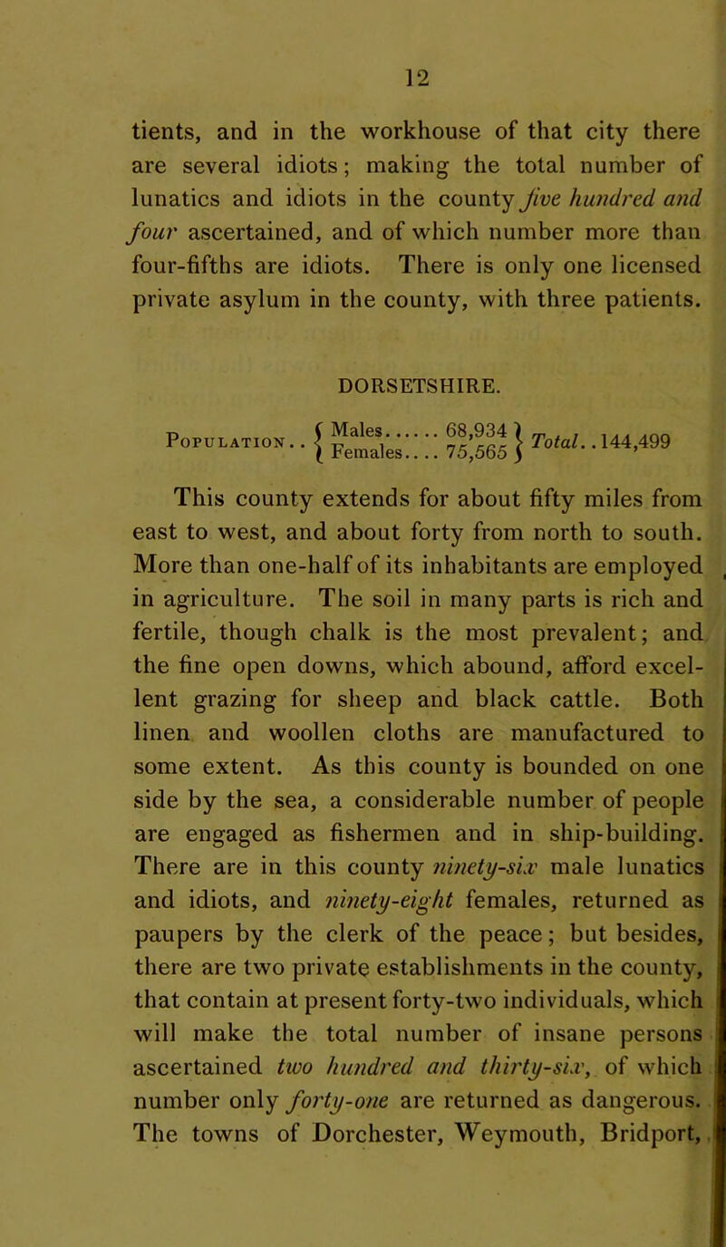 tients, and in the workhouse of that city there are several idiots; making the total number of lunatics and idiots in the county Jive hundred and four ascertained, and of which number more than four-fifths are idiots. There is only one licensed private asylum in the county, with three patients. DORSETSHIRE. Population Males 68,934 ) Females.. .. 75,565 3 Total.. 144,499 This county extends for about fifty miles from east to west, and about forty from north to south. More than one-half of its inhabitants are employed in agriculture. The soil in many parts is rich and fertile, though chalk is the most prevalent; and the fine open downs, which abound, afford excel- lent grazing for sheep and black cattle. Both linen and woollen cloths are manufactured to some extent. As this county is bounded on one side by the sea, a considerable number of people are engaged as fishermen and in ship-building. There are in this county ninety-slv male lunatics and idiots, and ninety-eight females, returned as paupers by the clerk of the peace; but besides, there are two private establishments in the county, that contain at present forty-two individuals, which will make the total number of insane persons ascertained two hundred and thirty-sLv, of which number only forty-one are returned as dangerous. The towns of Dorchester, Weymouth, Bridport,.