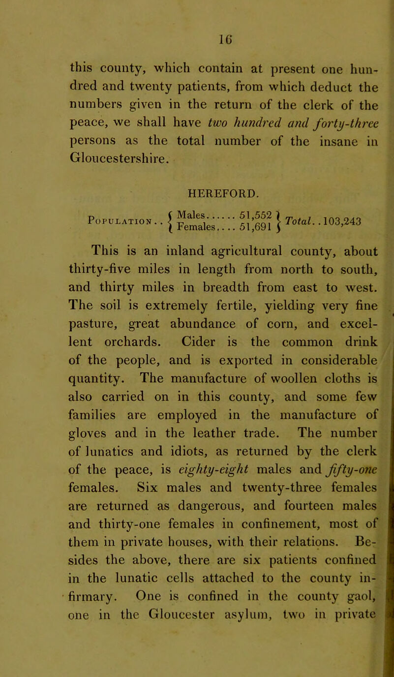 IG this county, which contain at present one hun- dred and twenty patients, from which deduct the numbers given in the return of the clerk of the peace, we shall have two hundred and forty-three persons as the total number of the insane in Gloucestershire. HEREFORD. Population. . { ] Total. .103,U3 This is an inland agricultural county, about thirty-five miles in length from north to south, and thirty miles in breadth from east to west. The soil is extremely fertile, yielding very fine pasture, great abundance of corn, and excel- lent orchards. Cider is the common drink of the people, and is exported in considerable quantity. The manufacture of woollen cloths is also carried on in this county, and some few families are employed in the manufacture of gloves and in the leather trade. The number of lunatics and idiots, as returned by the clerk of the peace, is eighty-eight males and ffty-one females. Six males and twenty-three females are returned as dangerous, and fourteen males and thirty-one females in confinement, most of them in private houses, with their relations. Be- sides the above, there are six patients confined in the lunatic cells attached to the county in- firmary. One is confined in the county gaol, one in the Gloucester asylum, two in private