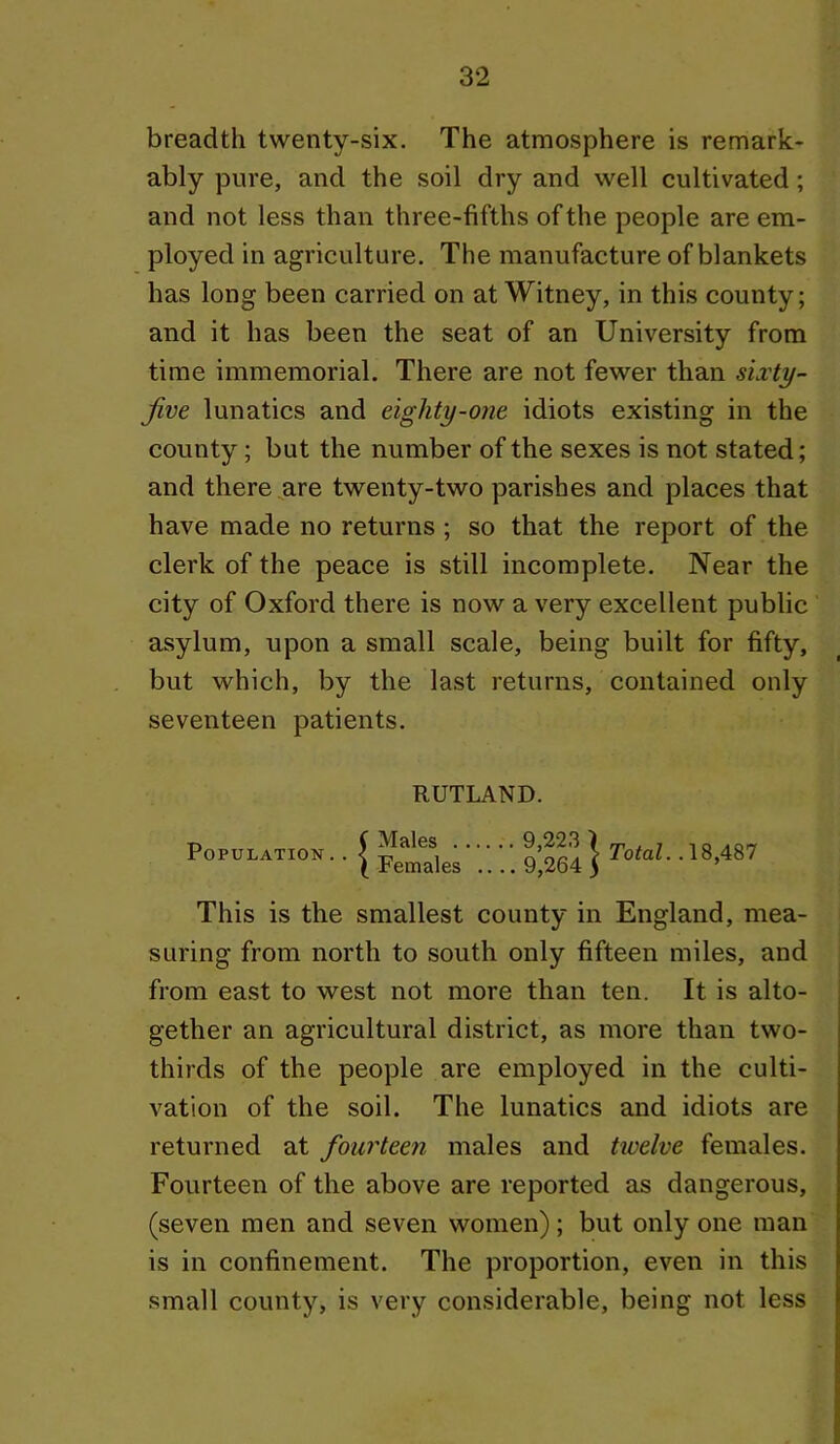breadth twenty-six. The atmosphere is remark- ably pure, and the soil dry and well cultivated; and not less than three-fifths of the people are em- ployed in agriculture. The manufacture of blankets has long been carried on at Witney, in this county; and it has been the seat of an University from time immemorial. There are not fewer than sixty- jive lunatics and eighty-one idiots existing in the county; but the number of the sexes is not stated; and there ^are twenty-two parishes and places that have made no returns ; so that the report of the clerk of the peace is still incomplete. Near the city of Oxford there is now a very excellent public asylum, upon a small scale, being built for fifty, but which, by the last returns, contained only seventeen patients. RUTLAND. T, ( Males 9,223 ) m , 7 lo Population. . J .... 9;264 5 TcM.AiMl This is the smallest county in England, mea- suring from north to south only fifteen miles, and from east to west not more than ten. It is alto- gether an agricultural district, as more than two- thirds of the people are employed in the culti- vation of the soil. The lunatics and idiots are returned at fourteen males and twelve females. Fourteen of the above are reported as dangerous, (seven men and seven women); but only one man is in confinement. The proportion, even in this small county, is very considerable, being not less