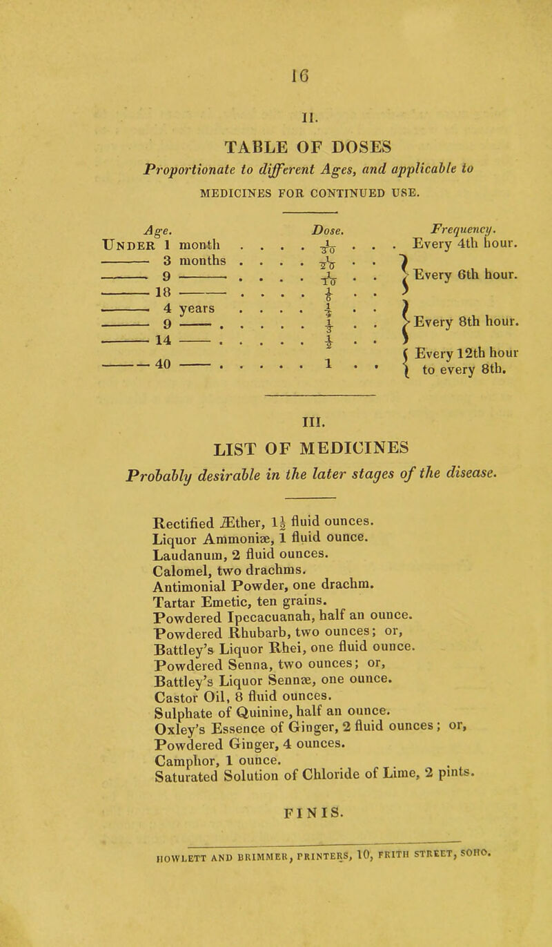 1G il. TABLE OF DOSES Proportionate to different Ages, and applicable to MEDICINES FOR CONTINUED USE. Age. Under 1 month 3 months 9 18 4 years 9 . 14 . 40 . Dose. ■st ?v TO * I i 1 I 5 Frequency. Every 4th hour. Every 6th hour. ^ Every 8th hour. ( Every 12th hour \ to every 8th. III. list of medicines Probably desirable in the later stages of the disease. Rectified Alther, 1| fluid ounces. Liquor Ammoniae, 1 fluid ounce. Laudanum, 2 fluid ounces. Calomel, two drachms. Antimonial Powder, one drachm. Tartar Emetic, ten grains. Powdered Ipecacuanah, half an ounce. Powdered Rhubarb, two ounces; or, Battley’s Liquor Rhei, one fluid ounce. Powdered Senna, two ounces; or, Battley’s Liquor Sennas, one ounce. Castor Oil, 8 fluid ounces. Sulphate of Quinine, half an ounce. Oxley’s Essence of Ginger, 2 fluid ounces ; oi. Powdered Ginger, 4 ounces. Camphor, 1 ounce. Saturated Solution of Chloride of Lime, 2 pints. FINIS. IIOWLETT AND BRIMMER, PRINTERS, 10, FRITH STREET, SOHO.