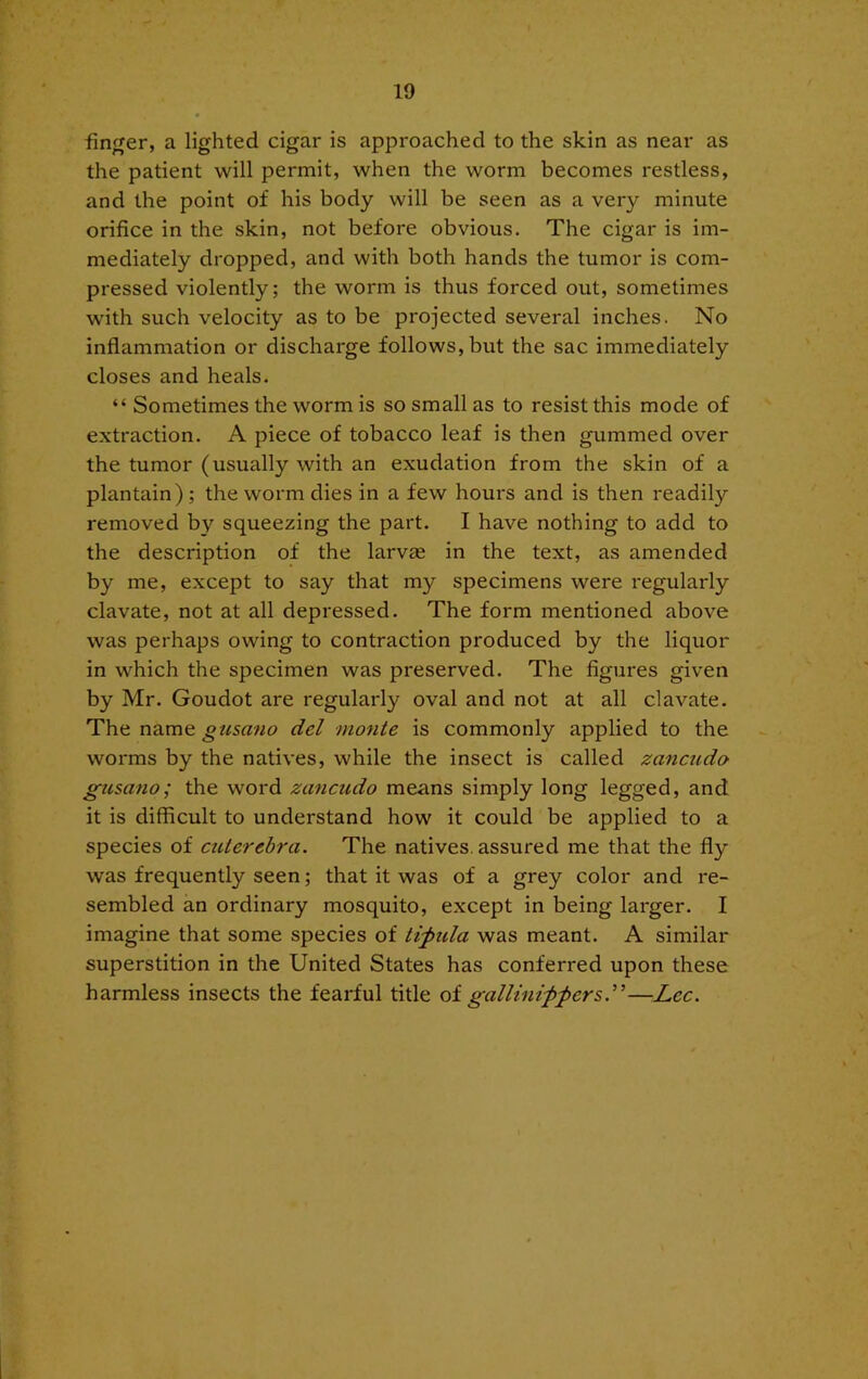 finger, a lighted cigar is approached to the skin as near as the patient will permit, when the worm becomes restless, and the point of his body will be seen as a very minute orifice in the skin, not before obvious. The cigar is im- mediately dropped, and with both hands the tumor is com- pressed violently; the worm is thus forced out, sometimes with such velocity as to be projected several inches. No inflammation or discharge follows, but the sac immediately closes and heals. “ Sometimes the worm is so small as to resist this mode of extraction. A piece of tobacco leaf is then gummed over the tumor (usually with an exudation from the skin of a plantain); the worm dies in a few hours and is then readily removed by squeezing the part. I have nothing to add to the description of the larvas in the text, as amended by me, except to say that my specimens were regularly clavate, not at all depressed. The form mentioned above was perhaps owing to contraction produced by the liquor in which the specimen was preserved. The figures given by Mr. Goudot are regularly oval and not at all clavate. The name gusano del monte is commonly applied to the worms by the natives, while the insect is called zanctida gusano; the word zancudo means simply long legged, and it is difficult to understand how it could be applied to a species of cuterebra. The natives, assured me that the fly was frequently seen; that it was of a grey color and re- sembled an ordinary mosquito, except in being larger. I imagine that some species of tifula was meant. A similar superstition in the United States has conferred upon these harmless insects the fearful title oi gallinippers.”—Lee.