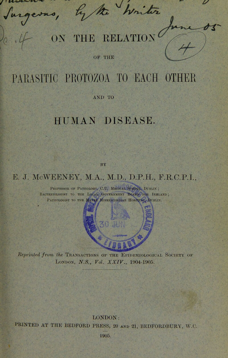 kI THE EELATION OF THE PARASITIC PROTOZOA TO EACH OTHER AND TO HUMAN DISEASE. BY I E. J. McWEENEY, M.A., M.D., D.P.H, F.RC.P.I., r’ . . Propkssor of Patholooy, C.U. MEDiCAt/J$C|((i)^ Dublin ; w Bactf.rioloqist to teir Local Government 'Ba^KvjP>'OK Irkland; Reprinted from the Transactions of the Epidemiological Society of London, N.S., Vol. XXIV., 1904-1905. LONDON: PKINTED AT THE HEDFORD PRESS, 20 and 21, BEUFORDBURY, W.C. I 1905.