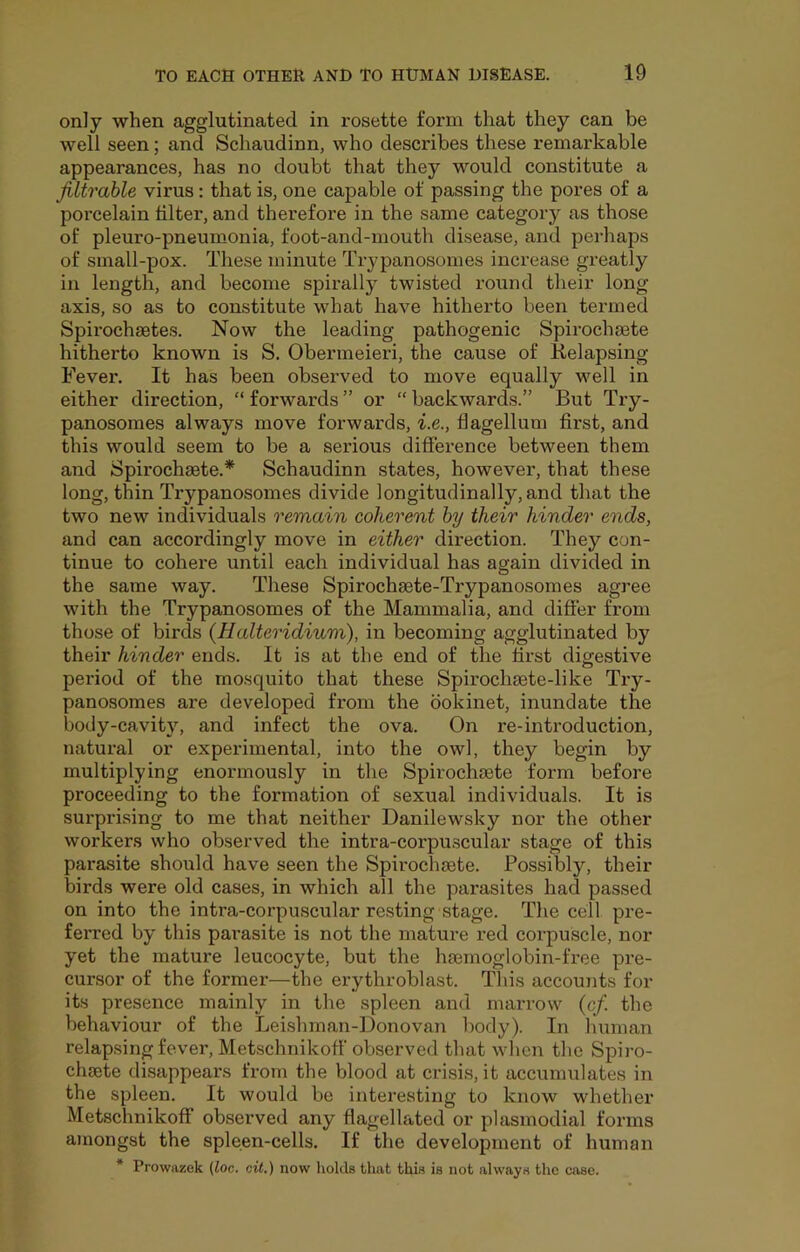 only when agglutinated in rosette form that they can be well seen; and Schaudinn, who describes these remarkable appearances, has no doubt that they would constitute a Jiltrable virus: that is, one capable of passing the pores of a porcelain filter, and therefore in the same category as those of pleuro-pneumonia, foot-and-mouth disease, and perhaps of small-pox. These minute Trypanosomes increase greatly in length, and become spirally twisted round their long axis, so as to constitute what have hitherto been termed Spii’ochsetes. Now the leading pathogenic Spirochsete hitherto known is S. Obermeieri, the cause of Kelapsing Fever. It has been observed to move equally well in either direction, “ forwards ” or “ backwards.” But Try- panosomes always move forwards, i.e., flagellum first, and this would seem to be a serious difference between them and Spirochaete.* Schaudinn states, however, that these long, thin Trypanosomes divide longitudinally, and that the two new individuals remain coherent by their hinder ends, and can accordingly move in either direction. They con- tinue to cohere until each individual has again divided in the same way. These Spirochaete-Trypanosomes agree with the Trypanosomes of the Mammalia, and differ from those of birds (Halteridium), in becoming agglutinated by their hinder ends. It is at the end of the first digestive period of the mosquito that these Spirochaete-like Try- panosomes are developed from the bokinet, inundate the body-cavity, and infect the ova. On re-introduction, natural or experimental, into the owl, they begin by multiplying enormously in the Spirochaete form before proceeding to the formation of sexual individuals. It is surprising to me that neither Danilewsky nor the other workers who observed the intra-corpuscular stage of this parasite should have seen the Spirochaete. Possibly, their birds were old cases, in which all the parasites had passed on into the intra-corpuscular resting stage. The cell pre- ferred by this parasite is not the mature red corpuscle, nor yet the mature leucocyte, but the haemoglobin-free pre- cursor of the former—the erythroblast. This accounts for its presence mainly in the spleen and marrow {of. the behaviour of the Leishman-Donovan body). In human relapsing fever, MetschnikofF observed that when the Spiro- chaete disappears from the blood at crisis, it accumulates in the spleen. It would be interesting to know whether MetschnikofF observed any flagelkited or plasmodial forms amongst the spleen-cells. If the development of human * Prowazek (loc. cit.) now holds that this is not always the case.