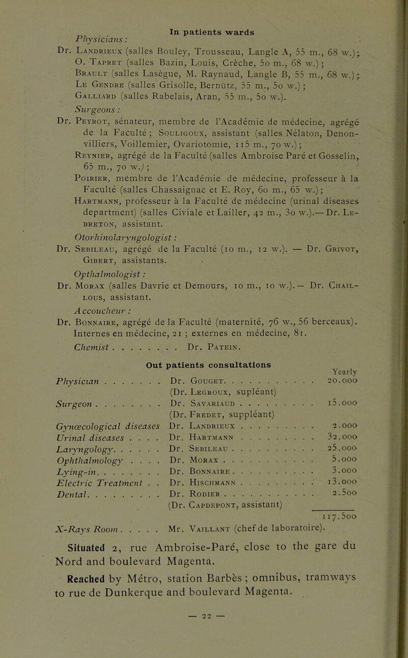 Physicians: Dr. Landrieux (salles Bouley, Trousseau, Langle A, 55 m., 68 w.)- O. Tapret (salles Bazin, Louis, Creche, 5o m., 68 w.); Brault (salles Lasegue, M. Raynaud, Langle B, 55 m., 68 w.); Le Gendre (salles Grisolle, Berniitz, 55 m., 5o w.); Galliard (salles Rabelais, Aran, 55 m., 5o w.). Surgeons: Dr. Peyrot, senateur, membre de l’Academie de medecine, agrege de la Faculte ; Souligoux, assistant (salles Nelaton, Denon- villiers, Voillemier, Ovariotomie, ii5 m., 70 w.); Reynier, agrege de la Faculte (salles Ambroise Pare et Gosselin, 65 m., 70 w.); Poirier, membre de l’Academie de medecine, professeur a la Faculte (salles Chassaignac et E. Roy, 60 m., 65 w.); Hartmann, professeur a la Faculte de medecine (urinal diseases department) (salles Civiale et Lailler, 42 m., Sow.).— Dr. Le- breton, assistant. Otorliinolaryngologist: Dr. Sebileau, agrege de la Faculte (10 m., 12 w.). — Dr. Grivot, Gibert, assistants. Opthalmologist: Dr. Morax (salles Davrie et Demours, 10 m., 10 w.).— Dr. Ciiail- lous, assistant. Accoucheur: Dr. Bonnaire, agrege de la Faculte (maternite, 76 w., 56 berceaux). Internes en medecine, 21 ; externes en medecine, 8r. Chemist . . Dr. Patein. Out patients consultations Yearly Physician Dr. Gouget (Dr. Legroux, supleant) 20.000 Surgeon Dr. Savariaud (Dr. Fredet, suppleant) 15.000 Gynaecological diseases Dr. Landrieux 2.000 Urinal diseases .... Dr. Hartmann Laryngology Dr. Sebileau 25.000 Ophthalmology .... Dr. Morax 5.ooo Lying-in Dr. Bonnaire 3.ooo Electric Treatment . . Dr. Hischmann 13.000 Dental Dr. Rodier (Dr. Capdepont, assistant) 2,5oo 17.500 X-Rays Room Mr. Vaillant (chefde laboratoirc) Situated 2, rue Ambroise-Pard, close to the gare du Nord and boulevard Magenta. Reached by Metro, station Barbes ; omnibus, tramways to rue de Dunkerque and boulevard Magenta.