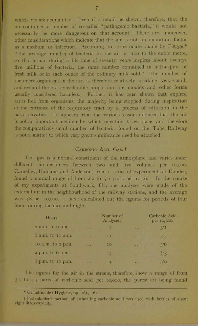 which v/e are acquainted. Even if it could be shewn, therefore, that the air contained a number of so-called “pathogenic bacteria,” it would not necessarily be more dangerous on that account. There are, moreover, other considerations which indicate that the air is not an important factor as a medium of infection. According to an estimate made by Flitgge,* “ the average number of bacteria in the air is loo to the cubic metre, so that a man during a life-time of seventy years inspires about twenty- five millions of bacteria, the same number contained in half-a-pint of fresh milk, or in each ounce of the ordinary milk sold.” The number of the micro-organisms in the air, is therefore relatively speaking very small, and even of these a considerable proportion are moulds and other forms usually considered harmless. Further, it has been shewn that expired air is free from organisms, the majority being stopped during inspiration at the entrance of the respiratory tract by a process of filtration in the nasal cavaties. It appears from the various reasons adduced that the air is not an important medium by which infection takes place, and therefore the comparatively small number of bacteria found on the Tube Railway is not a matter to which very great significance need be attached. Carbonic Acid Gas. t This gas is a normal constituent of the atmosphere, and varies under different circumstances between two and five volumes per 10,000. Carnelley, Haldane and Anderson, from a series of experiments at Dundee, found a normal range of from 2‘2 to 5’6 parts per 10,000. In the course of my experiments at Southwark, fifty-one analyses were made of the external air in the neighbourhood of the railway stations, and the average was 3’8 per 10,000. I have calculated out the figures for periods of four hours during the day and night. Hours. Number of Analyses. Carbonic Acid per 10,000. 2 a.m. to 6 a.m. 2 6 a.m. to 10 a.m. II 3'5 10 a.m. to 2 p.m. 10 3-6 2 p.m. to 6 p.m. 14 V3 b p.m. to 10 p.m. 14 3'9 '1 he figures for the air in the streets, therefore, show a range of from 3 I to 4‘3 parts of carbonic acid per 10,000, the purest air being found * Grundriss der Hygiene, pp. 161, 162. t I’ettenkofler’s method of estimating carbonic acid was u.sed with bottles of about eight litres capacity.