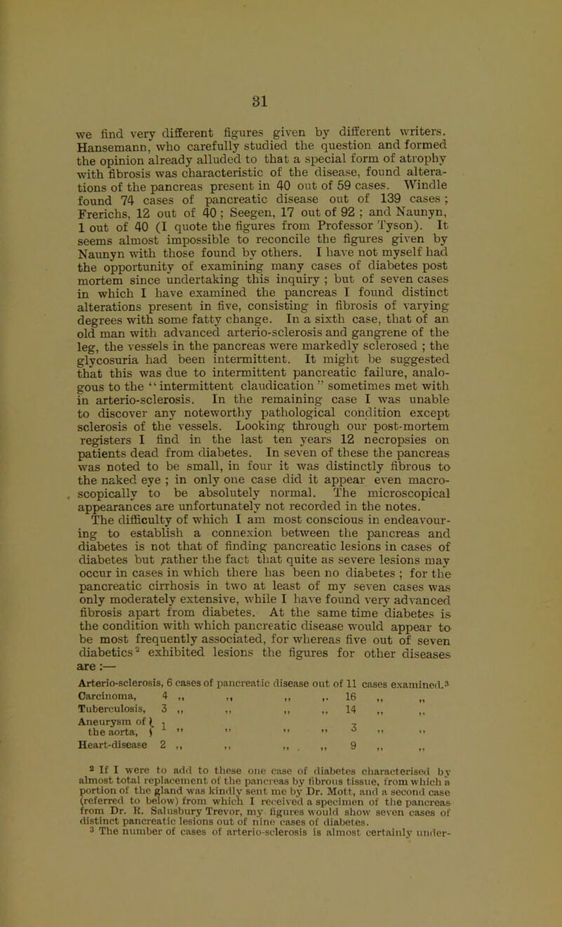 we find very different figures given by different writers. Hansemann, who carefully studied the question and formed the opinion already alluded to that a special form of atrophy with fibrosis was characteristic of the disease, found altera- tions of the pancreas present in 40 out of 59 cases. Windle found 74 cases of pancreatic disease out of 139 cases; Frerichs, 12 out of 40 ; Seegen, 17 out of 92 ; and Naunyn, 1 out of 40 (I quote the figures from Professor Tyson). It seems almost impossible to reconcile the figures given by Naunyn nfith those found by others. I have not myself had the opportunity of examining many cases of diabetes post mortem since undertaking this inquiry ; but of seven cases in which I have examined the pancreas I found distinct alterations present in five, consisting in fibrosis of varying degrees with some fatty change. In a sixth case, that of an old man with advanced arterio-sclerosis and gangrene of the leg, the vessels in the pancreas were markedly sclerosed ; the glycosuria had been intermittent. It might be suggested that this was due to intermittent pancreatic failure, analo- gous to the “intermittent claudication ” sometimes met with in arterio-sclerosis. In the remaining case I was unable to discover any noteworthy pathological condition except sclerosis of the vessels. Looking through our post-mortem registers I find in the last ten years 12 necropsies on patients dead from diabetes. In seven of these the pancreas was noted to be small, in four it was distinctly fibrous to the naked eye ; in only one case did it appear even macro- . scopically to be absolutely normal. The microscopical appearances are unfortunately not recorded in the notes. The difficulty of which I am most conscious in endeavour- ing to establish a connexion between the pancreas and diabetes is not that of finding pancreatic lesions in cases of diabetes but rather the fact that quite as severe lesions may occur in cases in which there has been no diabetes ; for the pancreatic cirrhosis in two at least of my seven cases was only moderately extensive, while I have found veiy advanced fibrosis apart from diabetes. At the same time diabetes is the condition with which pancreatic disease would appear to be most frequently associated, for whereas five out of seven diabetics* exhibited lesions the figures for other diseases are:— Arterio-sclerosis, 6 cases of pancreatic disease out of 11 cases exainincd.3 Carcinoma, 4 „ 16 Tuberculosis, 3 „ „ 14 Aneurysm of 1 X the aorta, ) M *» O Heart-disease 2 „ „ . „ 9 * If I were to add to these one case of diabetes cliaracteriscd by almost total replacement of tlie pancreas by fibrous tissue, from which a portion of the gland was kindly sent me by Dr. Mott, and a second case (referred to below) from which I received a specimen of the pancreas froin Dr. K. Salusbury Trevor, my figures would show seven cases of distinct pancreatic lesions out of nine cases of diabetes. The number of cases of arterio-sclerosis is almost certainly under-