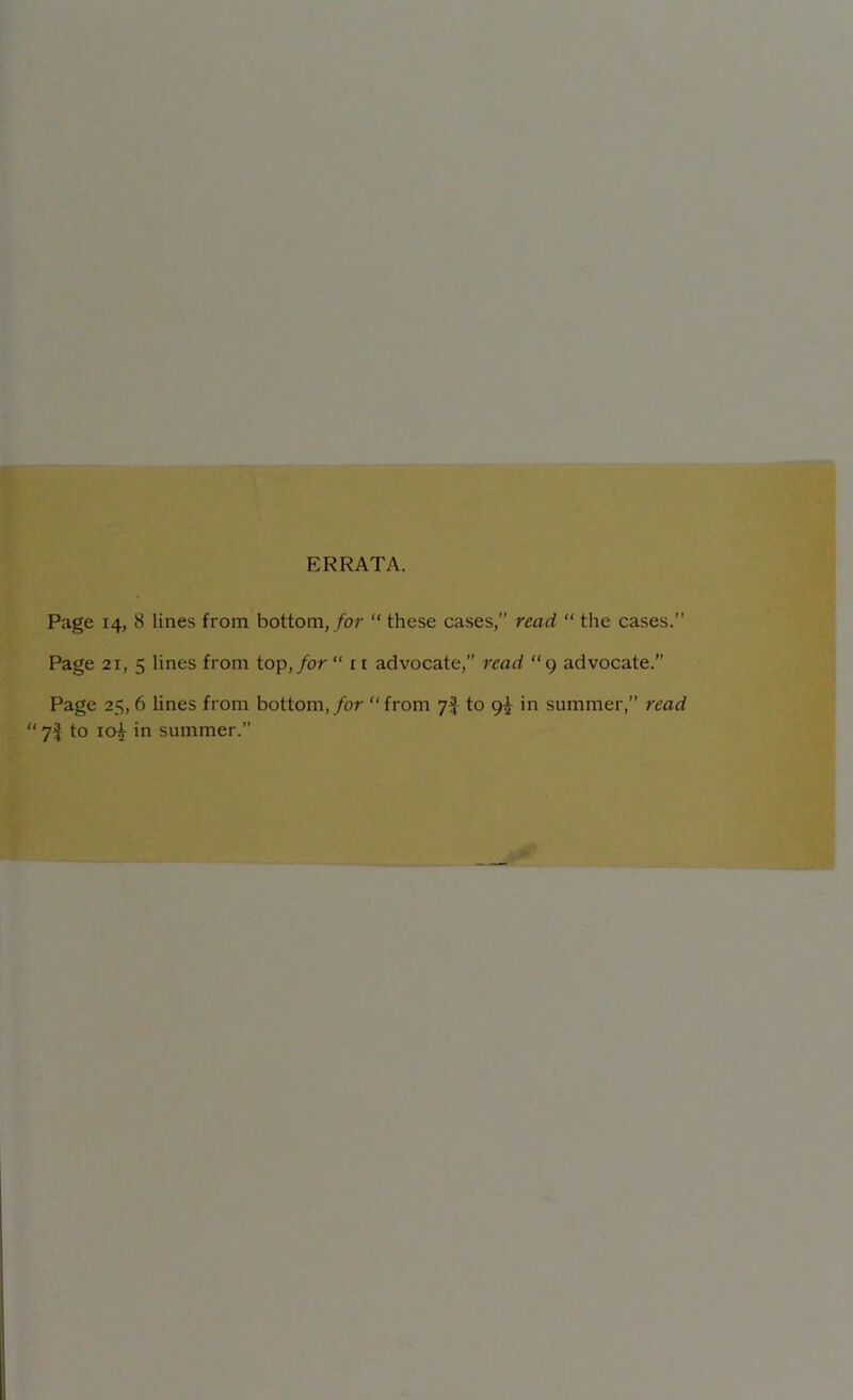 ERRATA. Page 14, 8 lines from bottom, for “ these cases,” read “ the cases.” Page 21, 5 lines from top, for “ 1 c advocate,” read “ 9 advocate.” Page 25, 6 lines from bottom, for “from 7$ to 9^ in summer,” read “ 75 to ioi in summer.”