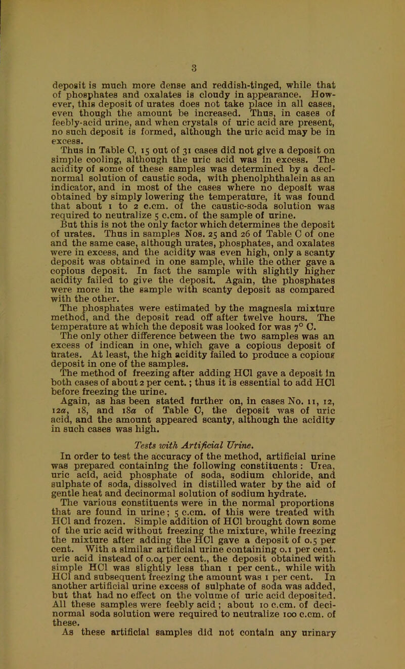 deposit is much more dense and reddish-tinged, while that of phosphates and oxalates is cloudy in appearance. How- ever, this deposit of urates does not take place in all cases, even though the amount be increased. Thus, in cases of feebly-acid urine, and when crystals of uric acid are present, no such deposit is formed, although the uric acid may be in excess. Thus in Table 0, 15 out of 31 cases did not give a deposit on simple cooling, although the uric acid was in excess. The acidity of some of these samples was determined by a deci- normal solution of caustic soda, with phenolphthalein as an indicator, and in most of the cases where no deposit was obtained by simply lowering the temperature, it was found that about 1 to 2 c.cm. of the caustic-soda solution was required to neutralize 5 c.cm. of the sample of urine. But this is not the only factor which determines the deposit of urates. Thus in samples Nos. 25 and 26 of Table C of one and the same case, although urates, phosphates, and oxalates were in excess, and the acidity was even high, only a scanty deposit was obtained in one sample, while the other gave a copious deposit. In fact the sample with slightly higher acidity failed to give the deposit. Again, the phosphates were more in the sample with scanty deposit as compared with the other. The phosphates were estimated by the magnesia mixture method, and the deposit read off after twelve hours. The temperature at which the deposit was looked for was 70 C. The only other difference between the two samples was an excess of indican in one, which gave a copious deposit of urates. At least, the high acidity failed to produce a copious deposit in one of the samples. The method of freezing after adding HC1 gave a deposit in both cases of about 2 per cent.; thus it is essential to add HOI before freezing the urine. Again, as has been stated further on, in cases No. 11, 12, 12a, 18, and 18a of Table C, the deposit was of uric acid, and the amount appeared scanty, although the acidity in such cases was high. Tests with Artificial Urine. In order to test the accuracy of the method, artificial urine was prepared containing the following constituents : Urea, uric acid, acid phosphate of soda, sodium chloride, and sulphate of soda, dissolved in distilled water by the aid of gentle heat and decinormal solution of sodium hydrate. The various constituents were in the normal proportions that are found in urine; 5 c.cm. of this were treated with HC1 and frozen. Simple addition of HOI brought down Borne of the uric acid without freezing the mixture, while freezing the mixture after adding the HC1 gave a deposit of 0.5 per cent. With a similar artificial urine containing 0.1 per cent, uric acid instead of 0.04 per cent., the deposit obtained with simple HC1 was slightly less than 1 per cent., while with HC1 and subsequent freezing the amount was 1 per cent. In another artificial urine excess of sulphate of soda was added, but that had no effect on the volume of uric acid deposited. All these samples were feebly acid ; about 10 c.cm. of deci- normal soda solution were required to neutralize 100 c.cm. of these. As these artificial samples did not contain any urinary