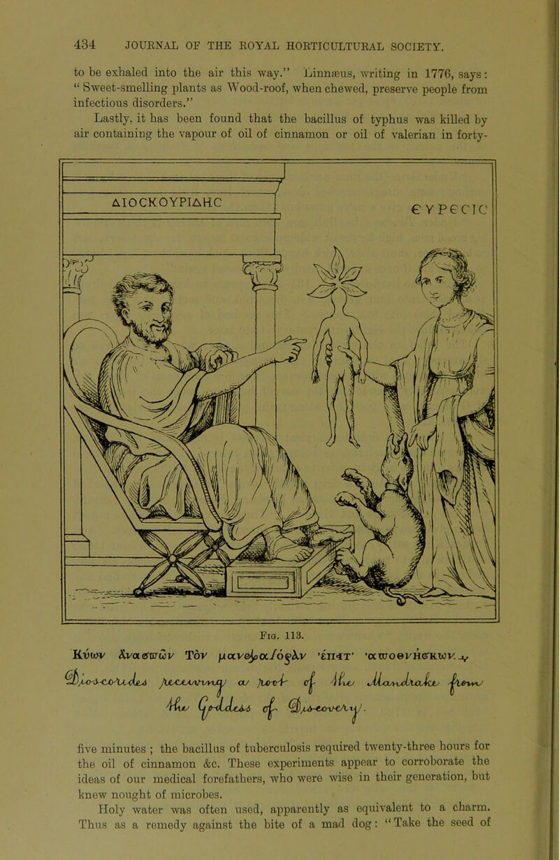 to be exhaled into the air this way.” Linnieus, writing in 1776, says: “ Sweet-smelling plants as Wood-roof, when chewed, preserve people from infectious disorders.” Lastly, it has been found that the bacillus of typhus was killed by air containing the vapour of oil of cinnamon or oil of valerian in forty- Fia. 113. Kvwv &i/a<gwdv Tov ixave^oc/o^iiv ’imT ’axnoevHeitwv. ou 0^ AloAxxlxaJtJL^ (pnLdci^ five minutes ; the bacillus of tuberculosis required twenty-three hours for the oil of cinnamon &c. These experiments appear to corroborate the ideas of our medical forefathers, who were wise in their generation, but knew nought of microbes. Holy water was often used, apparently as equivalent to a charm. Thus as a remedy against the bite of a mad dog: “ Take the seed of